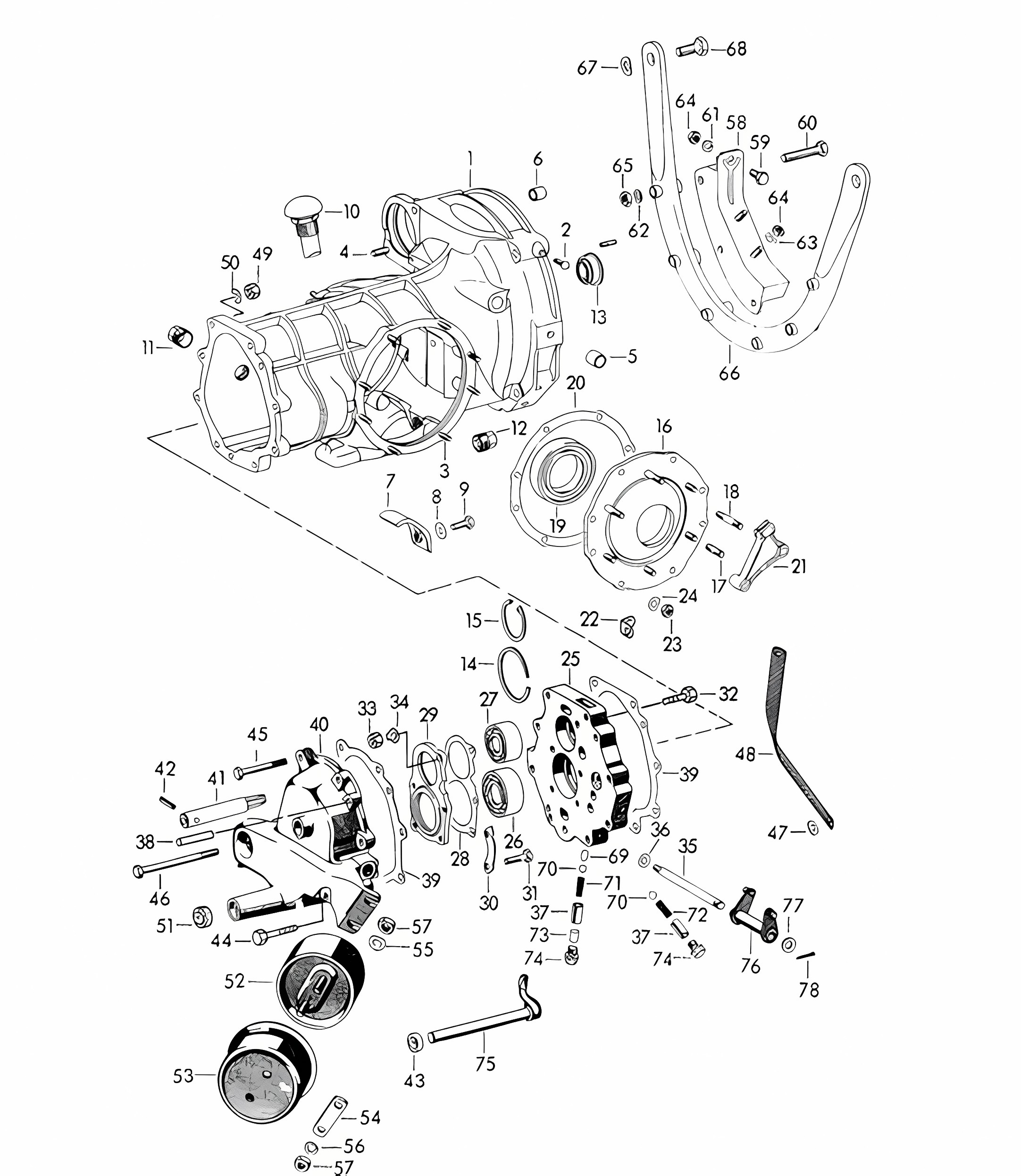 Transmission case with Transmission suspension for Tunnel transmission (Model: 716/0/1/2/3, 716/4/5)  356, 356A 1950-1959