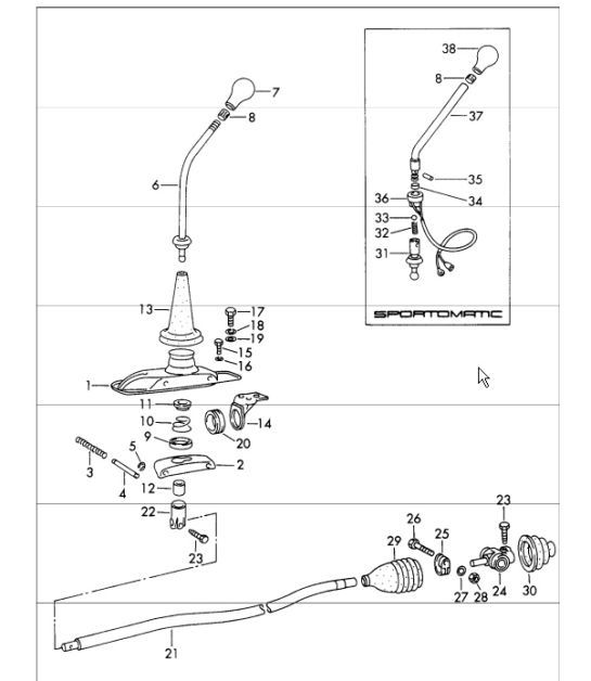 Diagram 701-00 Porsche Cayman 718C (982C) 2017>> Sistema a leva manuale, gruppo pedali 