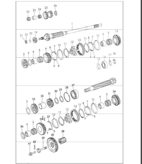 Gears and shafts 4-speed transmission for 911 E/S UPTO 1970 and 911 T UPTO 1971
