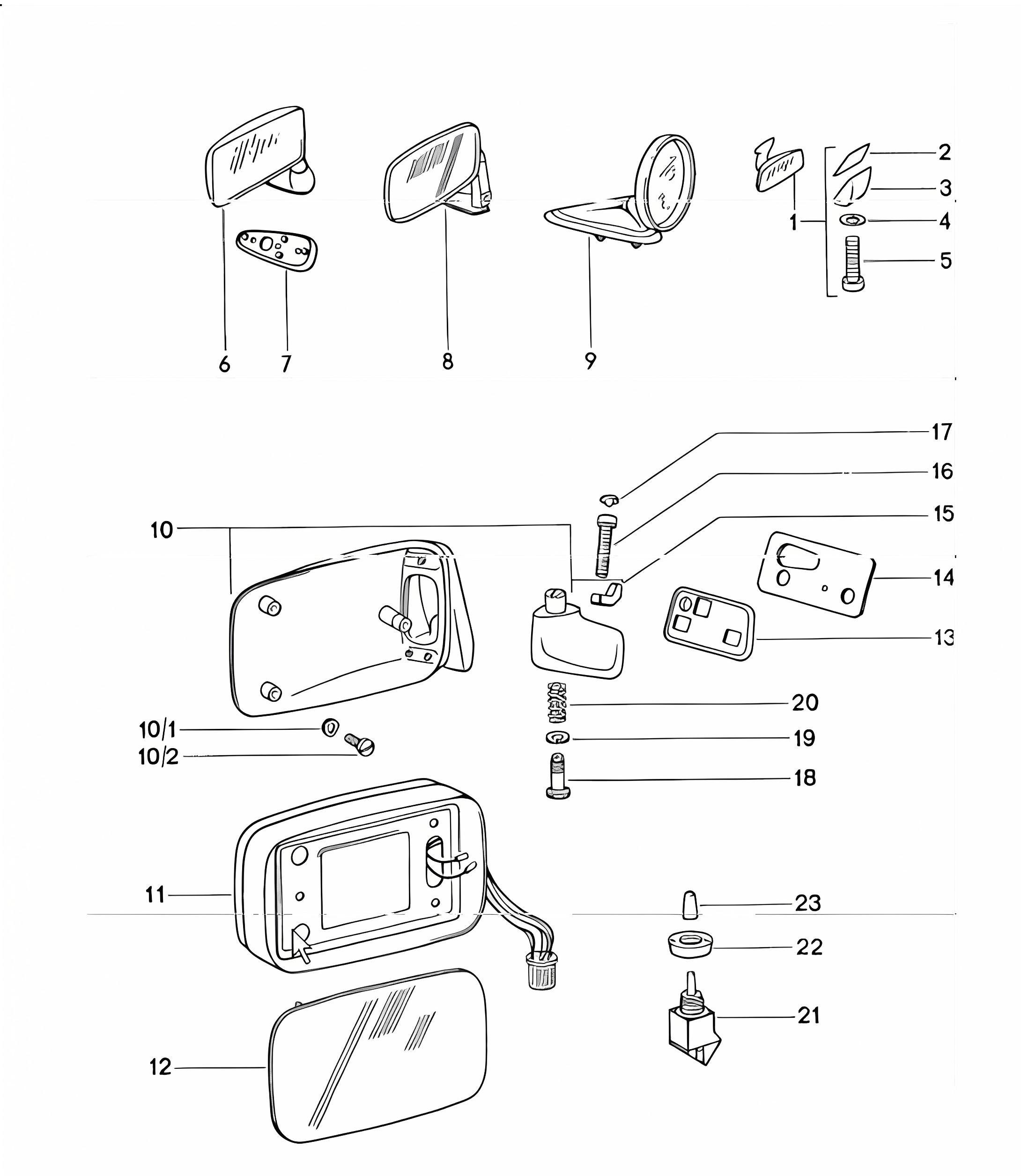 Interior mirror, door mirror 911 1974-77