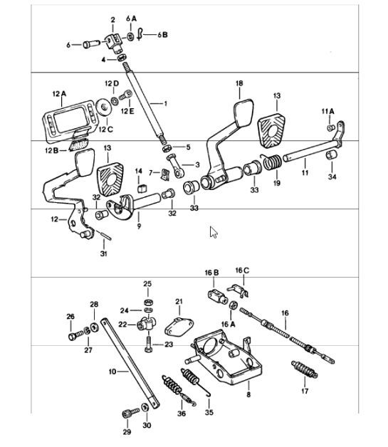 Diagram 702-00 Porsche 996 (911) (1997-2005) Hand Lever System, Pedal Cluster 