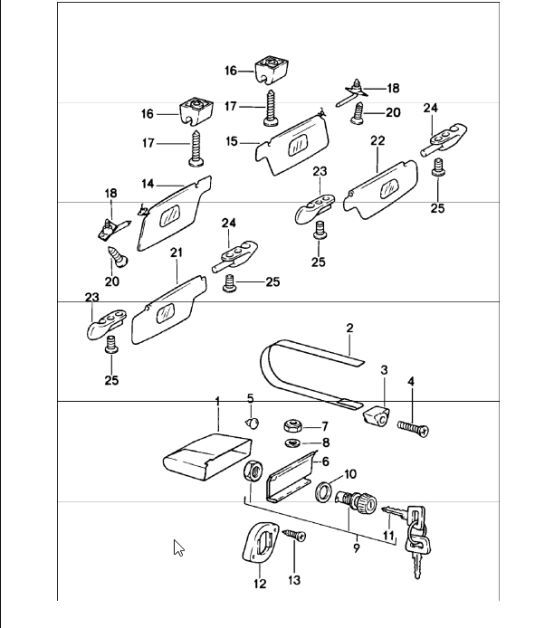 glove compartment, sun visors 911 1978-83