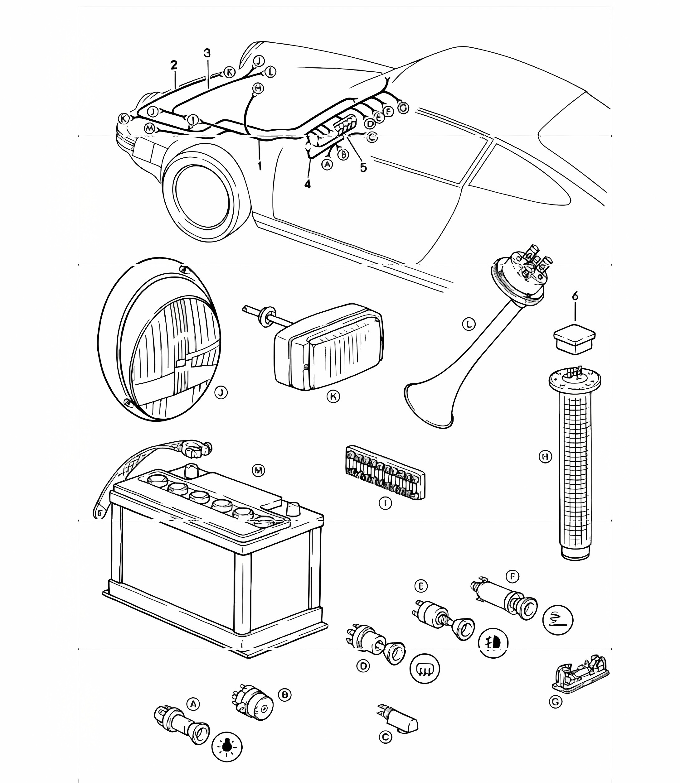 wiring harnesses: luggage compartment, steering lock 911 1978-83