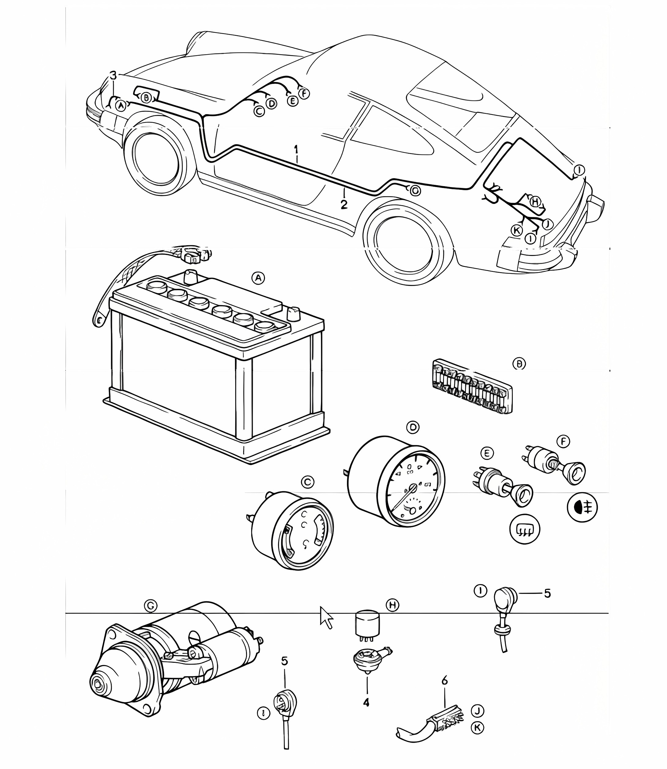 wiring harnesses: passenger compartment, battery-starter cable, boot floor plate 911 1984-86