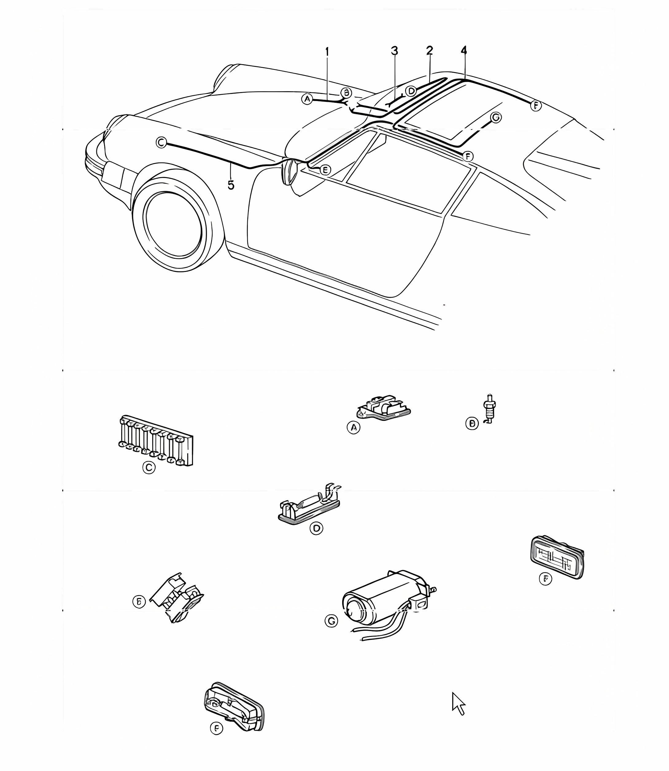 wiring harnesses: FRONT luggage compartment interior lights, sunroof, convertible top control, electric 911 1984-86