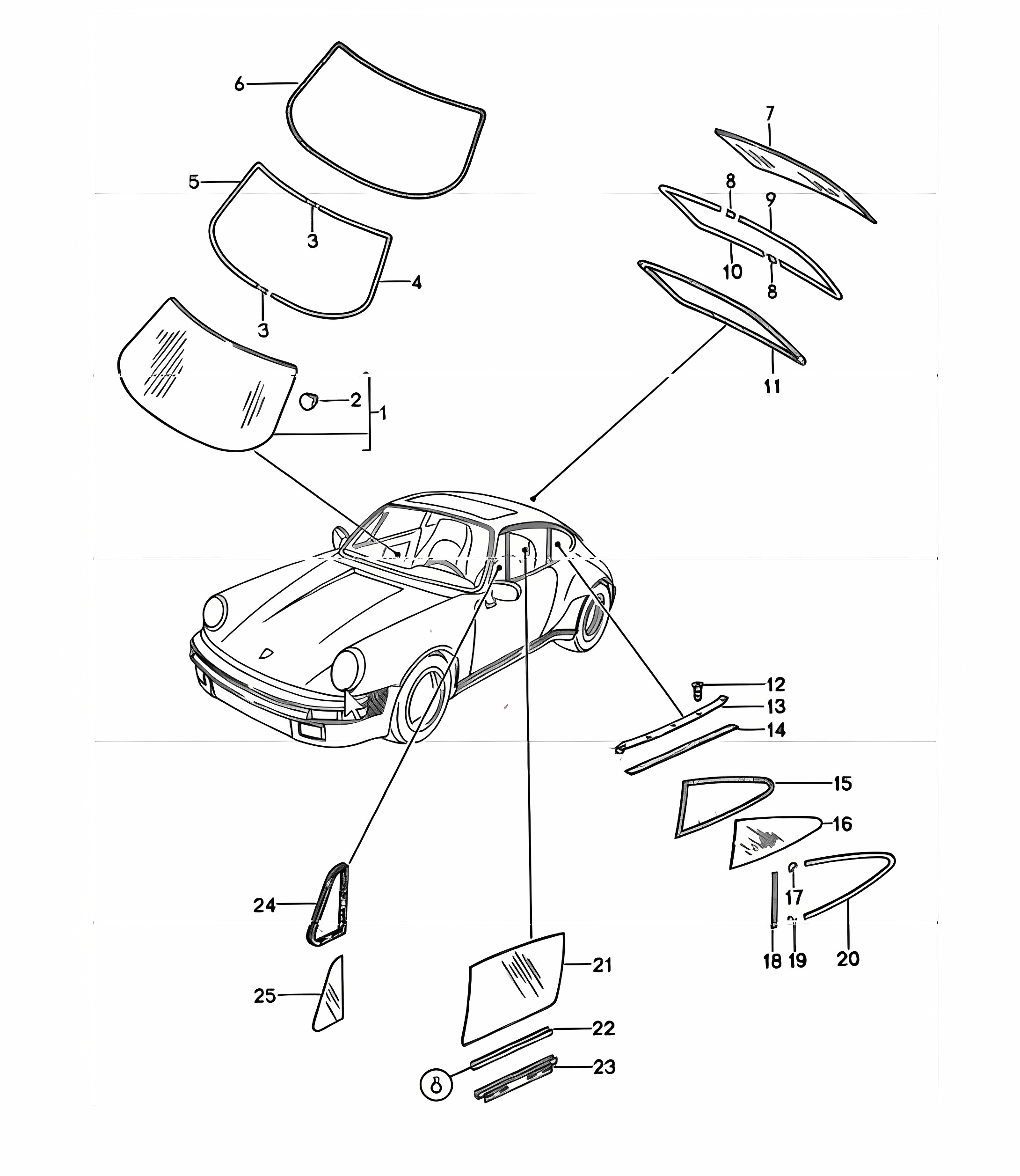 window glazing 911 COUPE 1987-89