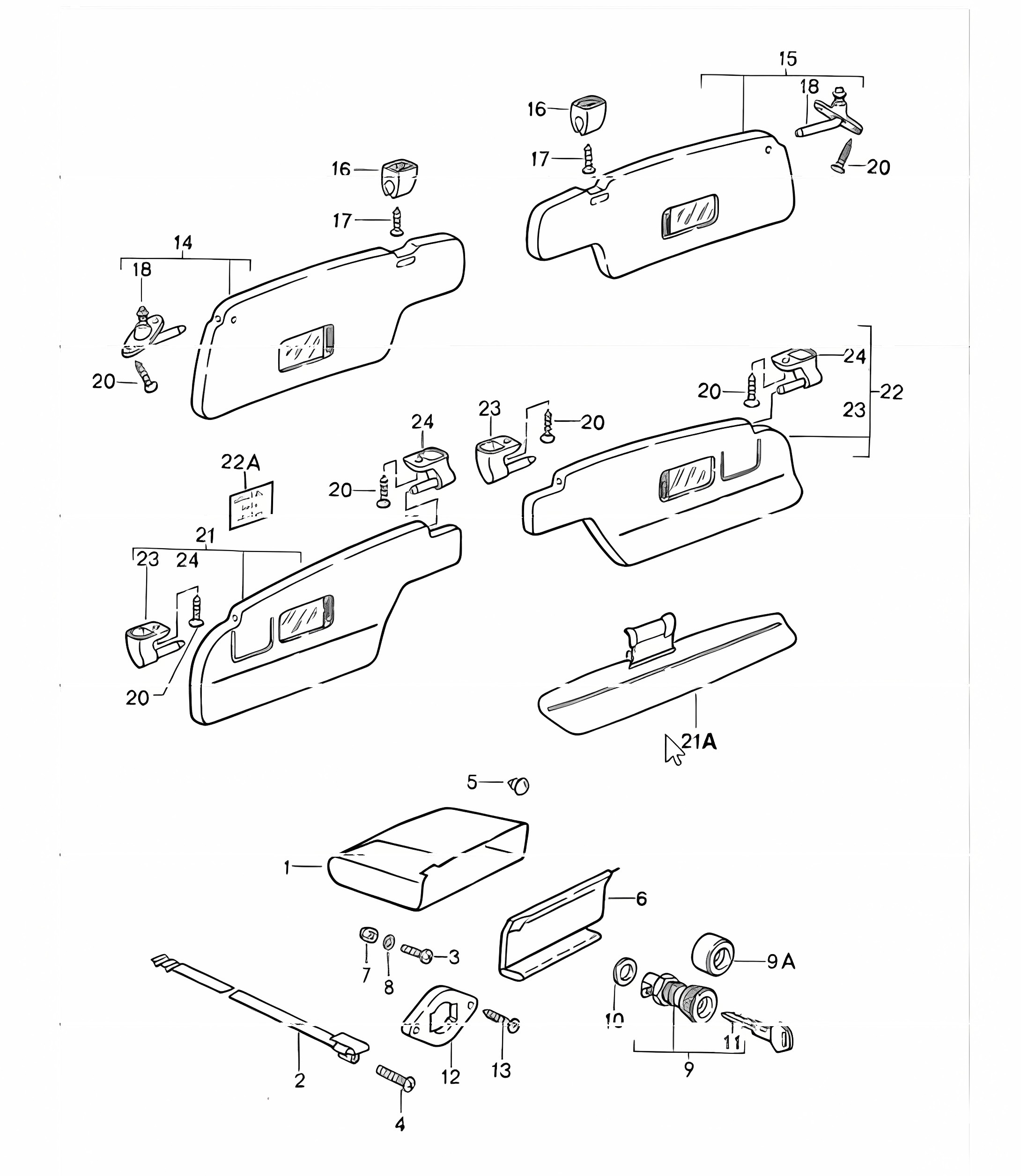 glove compartment, sun visors 911 1987-89