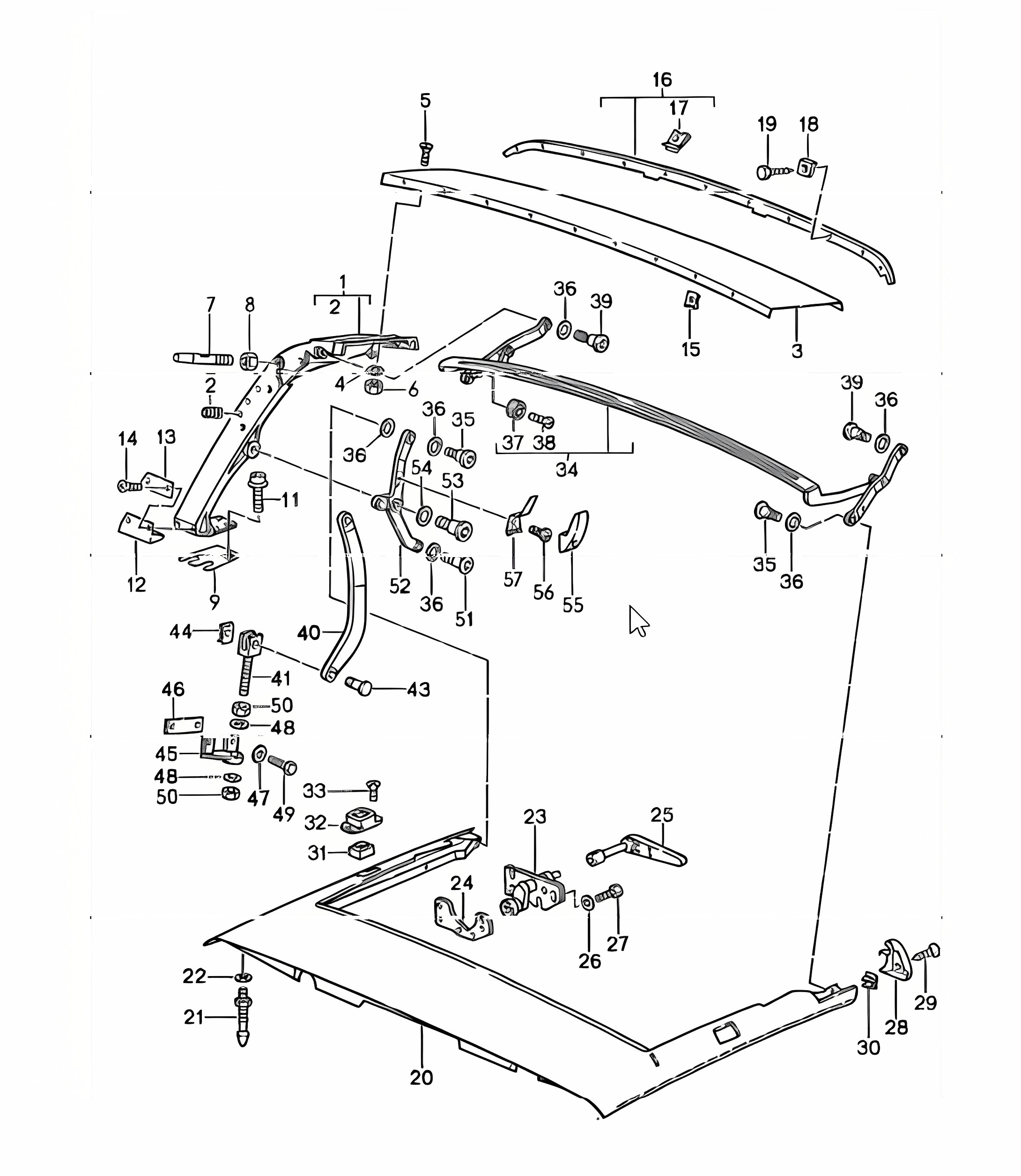 main folding top bow, roof frame, single parts 911 CABRIO 1987-89