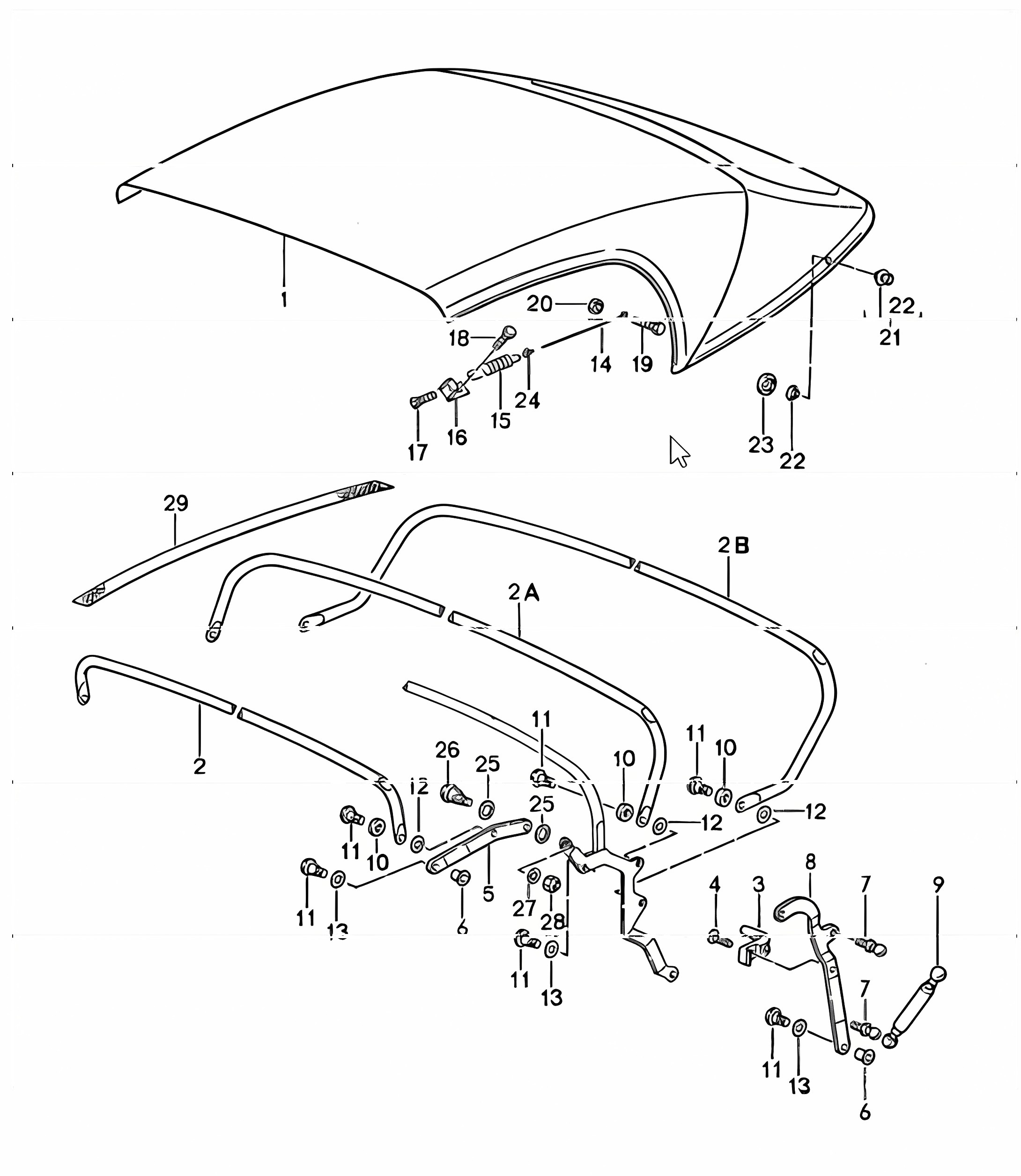 convertible top covering, convertible top frame, single parts 911 SPEEDSTER 1989