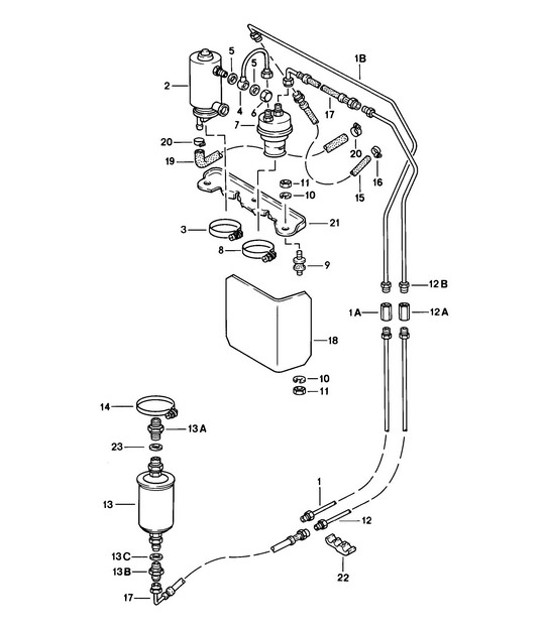 Diagram 201-010 Porsche 924 (1977-1988) Fuel System, Exhaust System