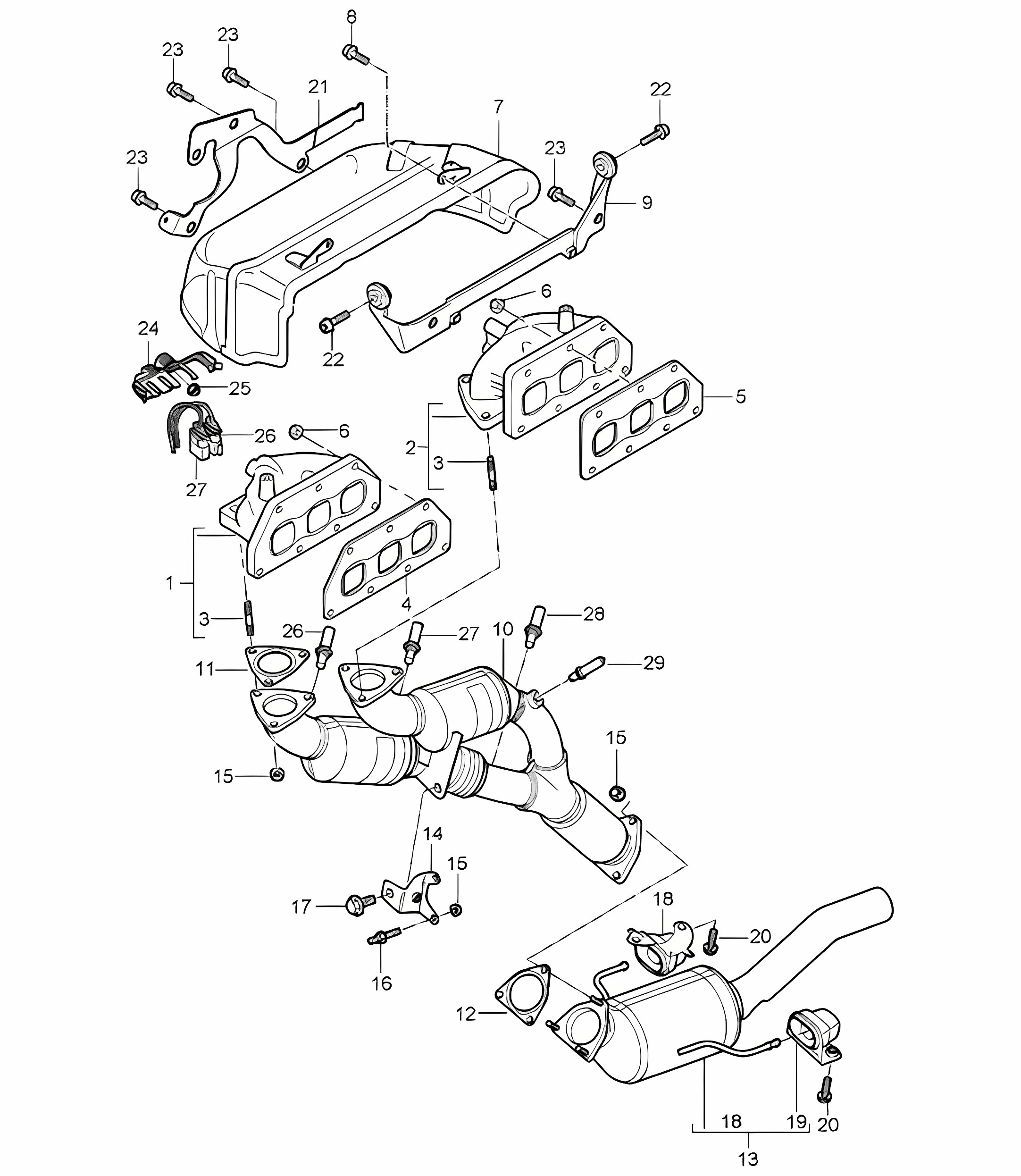 Exhaust system / Exhaust manifold / Catalytic converter (PR:T31) Cayenne 9PA (955) 3.2L 2004>>