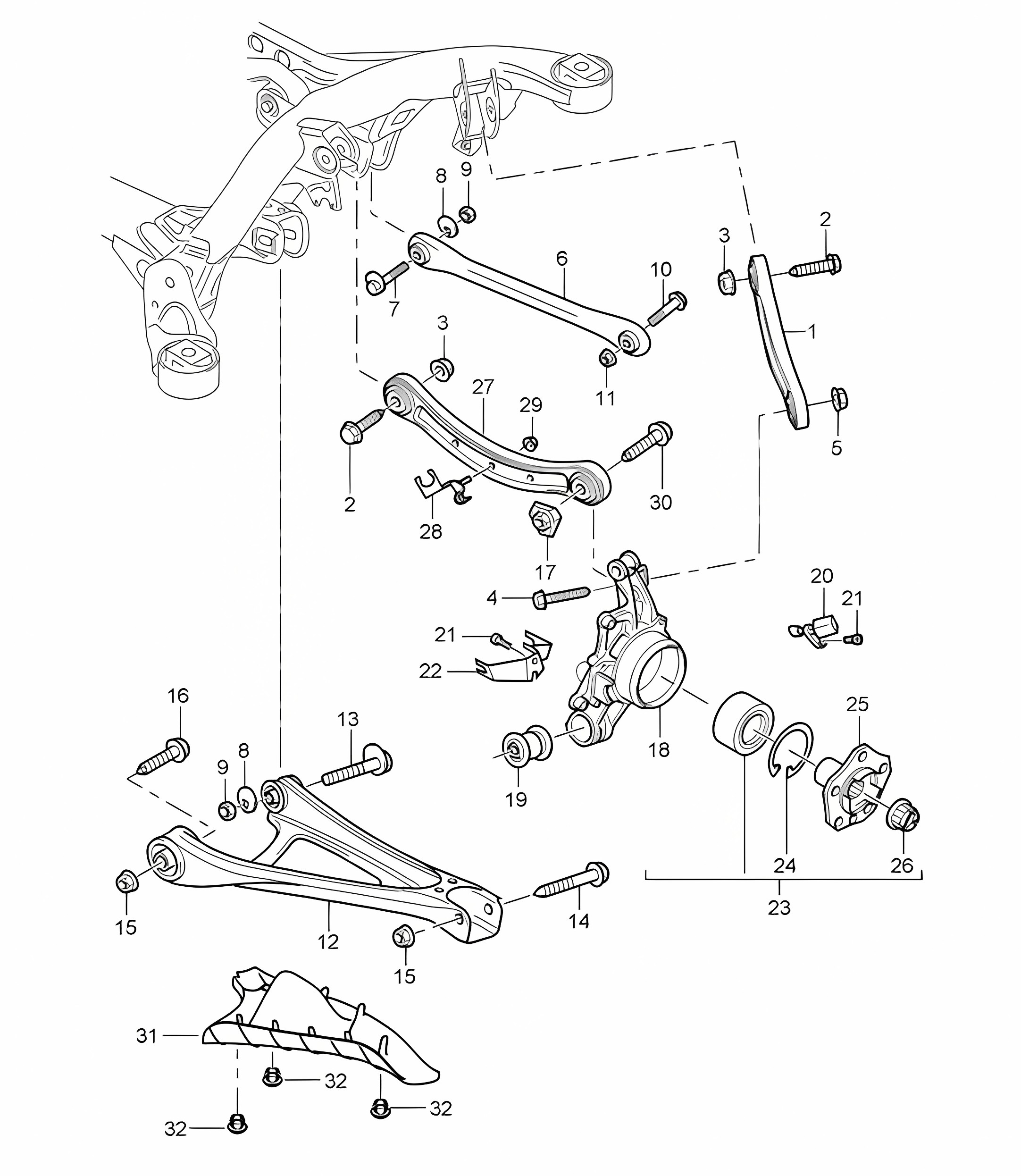 Rear axle / Wheel carrier / Wishbone / Track rod / Wheel hub / Stone guard Cayenne 9PA (955) 2003-06