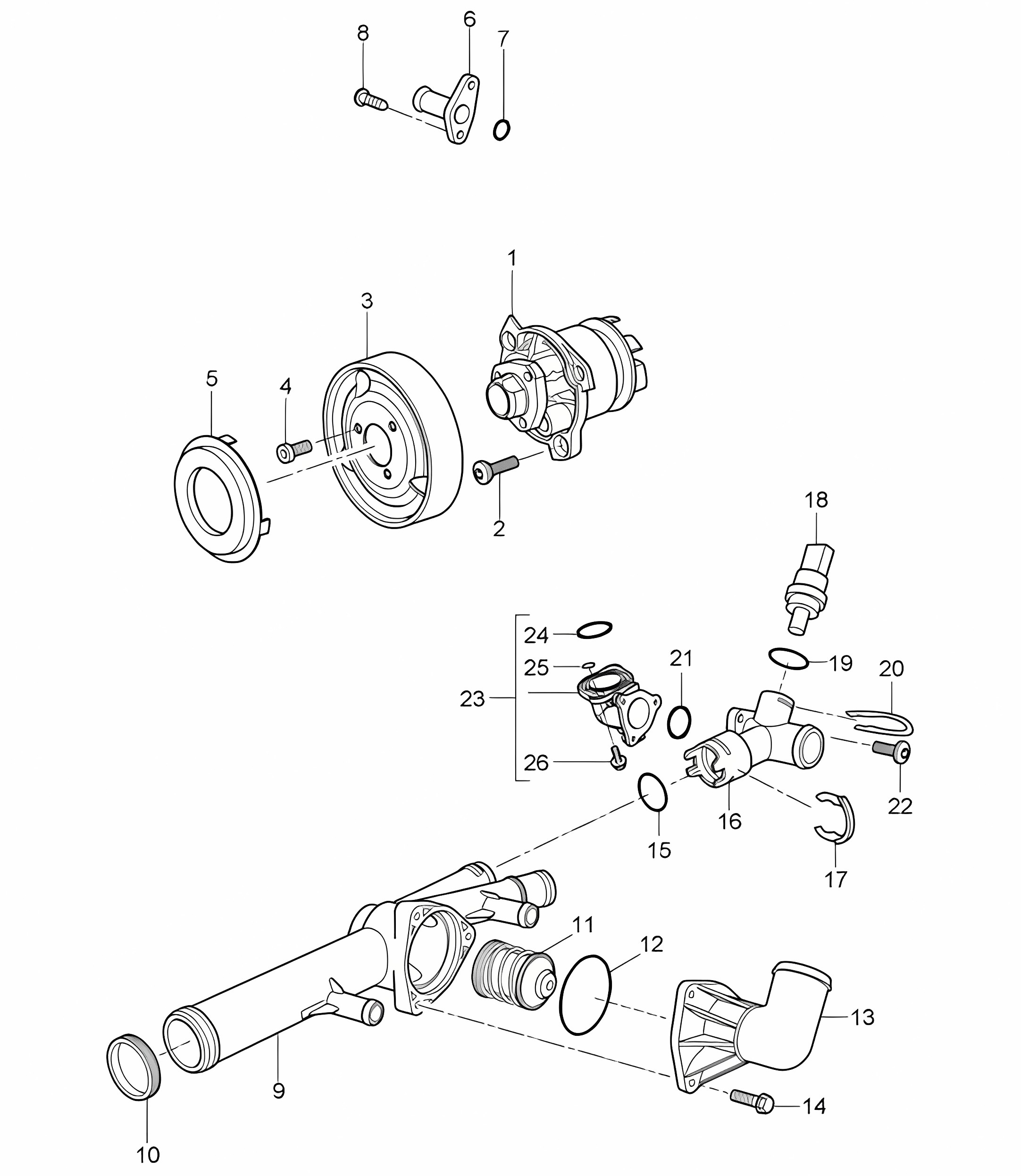Coolant pump / Thermostat housing (Model: 5501) Cayenne 9PA1 (957) 3.6L 2007-10