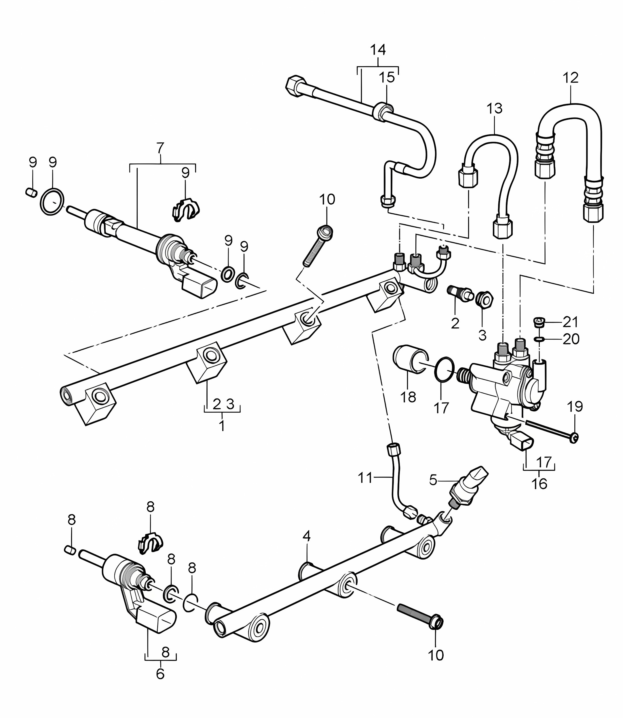 Fuel collection pipe / High-pressure injector / High pressure pump (Model: 5501) Cayenne 9PA1 (957) 3.6L 2007-10