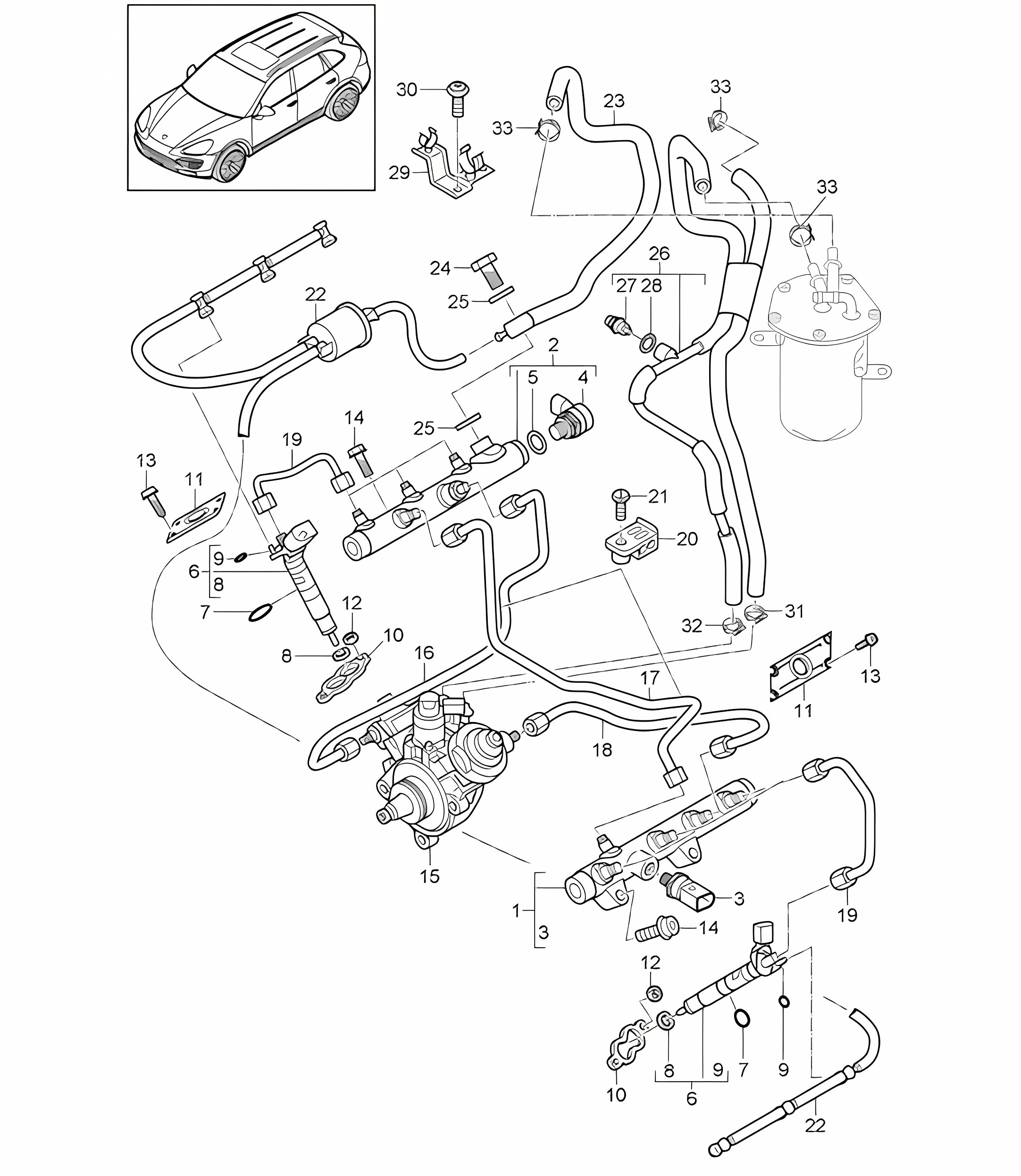 Fuel collection pipe / Fuel line / high-pressure injector (Model: 059E)  Cayenne 92A (958) 3.0L DIESEL >>05/2011