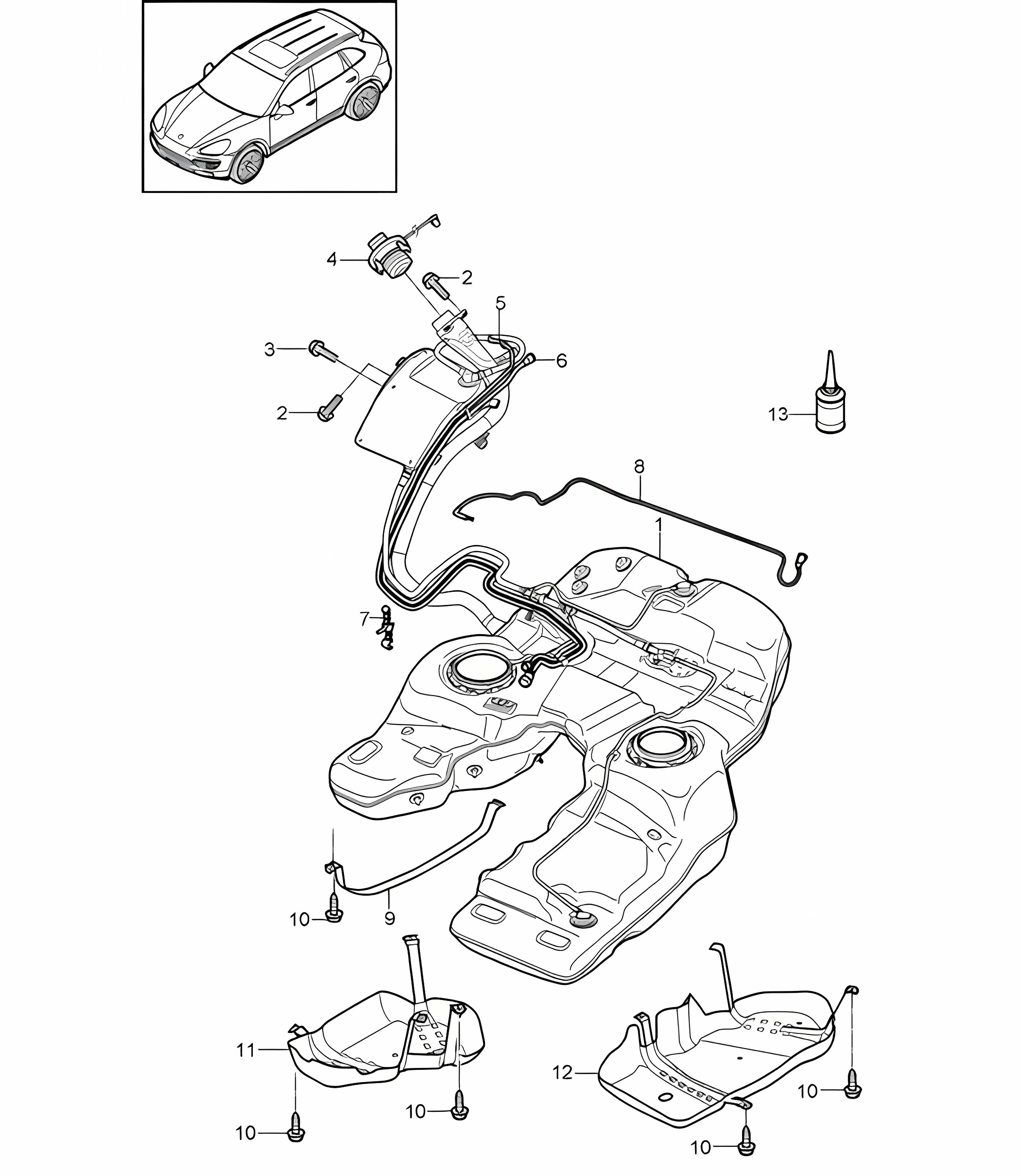 Fuel tank with: Accessories (PR:2G1,2G3, 2G4,2G7,2G8, 0K0,0K1) Cayenne 92A (958) 2011-18