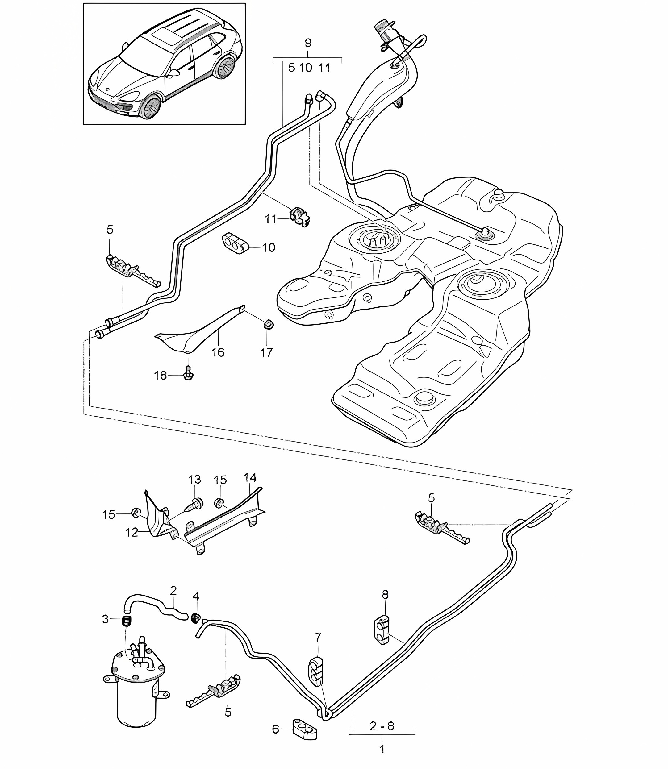 Fuel system / Fuel line / Underbody (PR:2G0) Cayenne 92A (958) DIESEL 2011-18