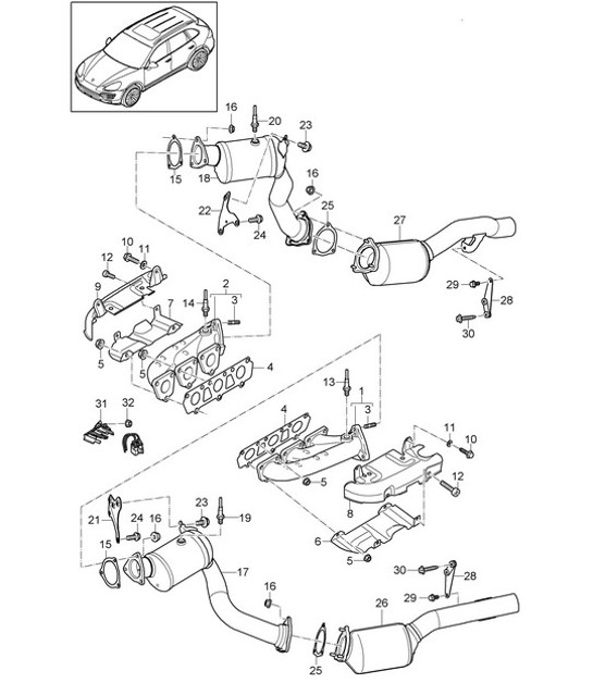 Diagram 202-025 Porsche 957 Cayenne S / GTS 4.8L 2007-10 Sistema de combustible, sistema de escape