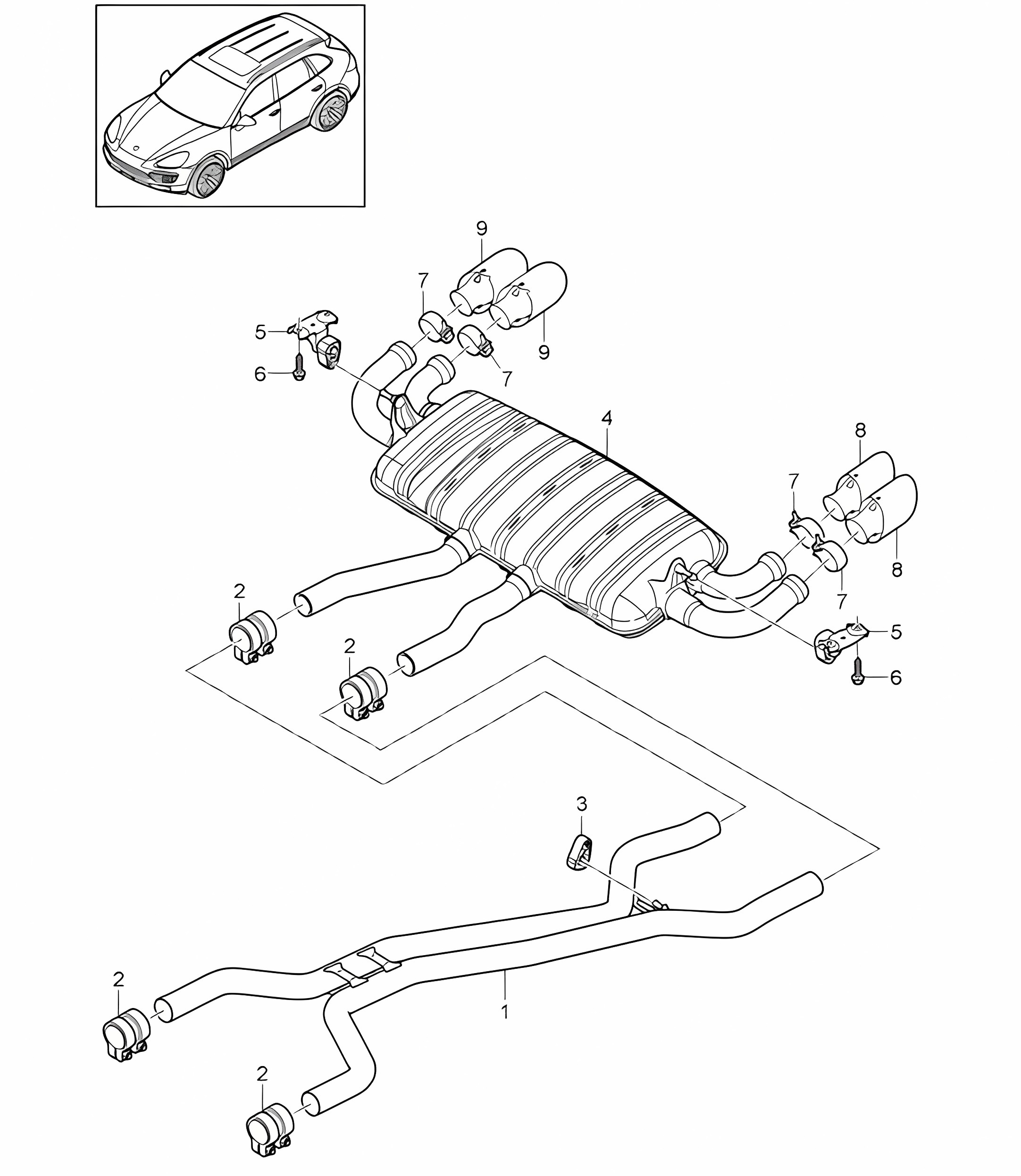 Exhaust system / Front silencer / Rear silencer / Tailpipe (PR:D58,DT1, DT5,0P0,0P3, 0P6) Cayenne 92A (958) 4.8L 2011-18