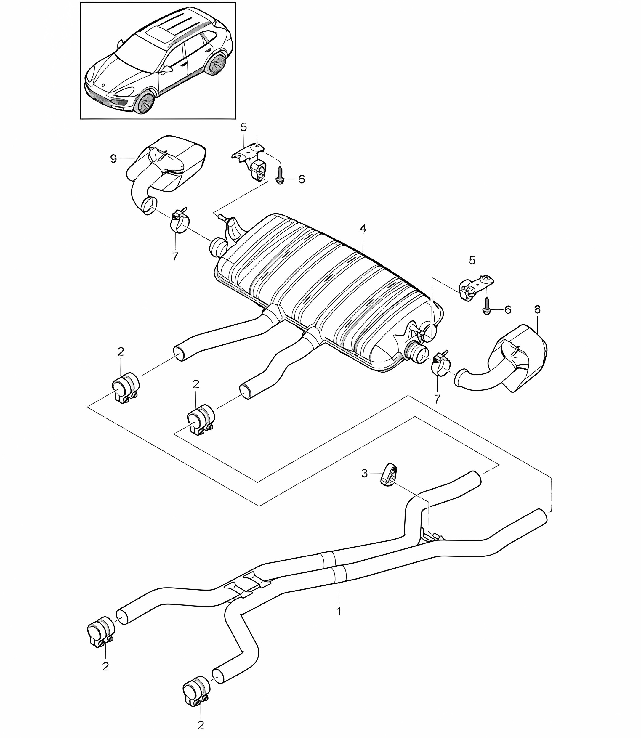 Exhaust system / Front silencer / Rear silencer / Tailpipe (PR:DD8,0P0, 0P3,0P6) Cayenne 92A (958) 4.2L DIESEL 2011-18