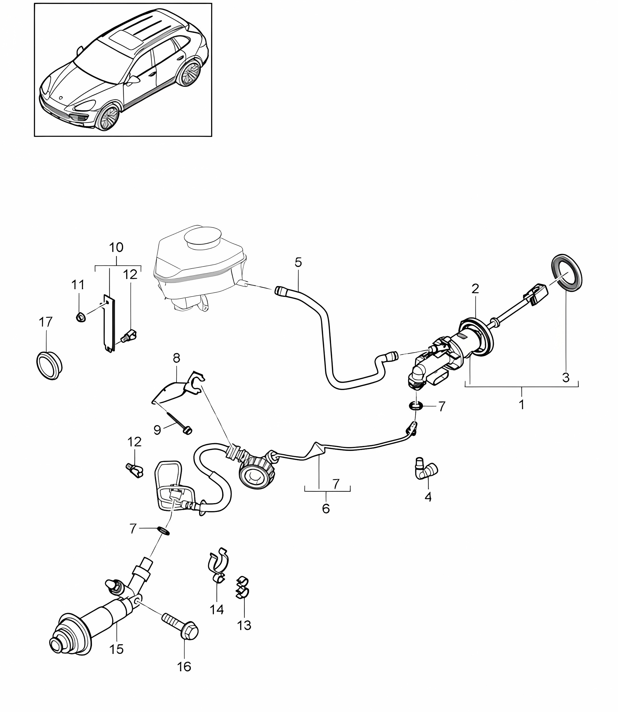 Clutch actuation / Clutch master cylinder / Clutch tube (PR:G0L, 6-speed Manual) Cayenne 92A (958) >>2014