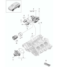 Koelvloeistofpomp / thermostaathuis (model: CTMA,CTM, CTLA,CTL, DCNA,DCN, DHKA,DHK) 95B.1 Macan 3.0L / 3.6L 2014-18
