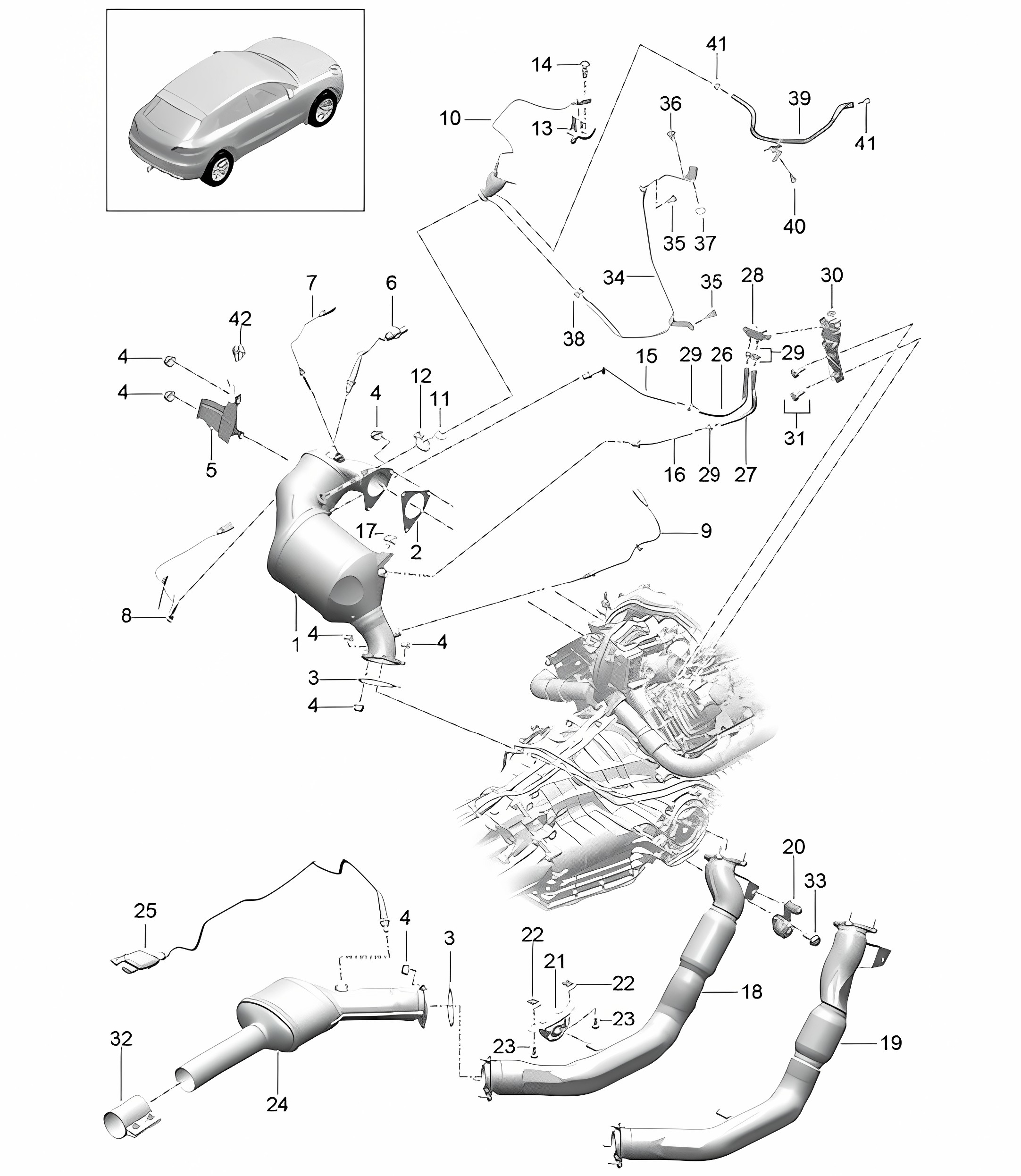 Exhaust system / Exhaust pipe / with: / Catalytic converter / Diesel particulate filter / Control line (Model: CTBA,CTBB, CTBC) 95B.1 Macan 3.0L Diesel 2014-18