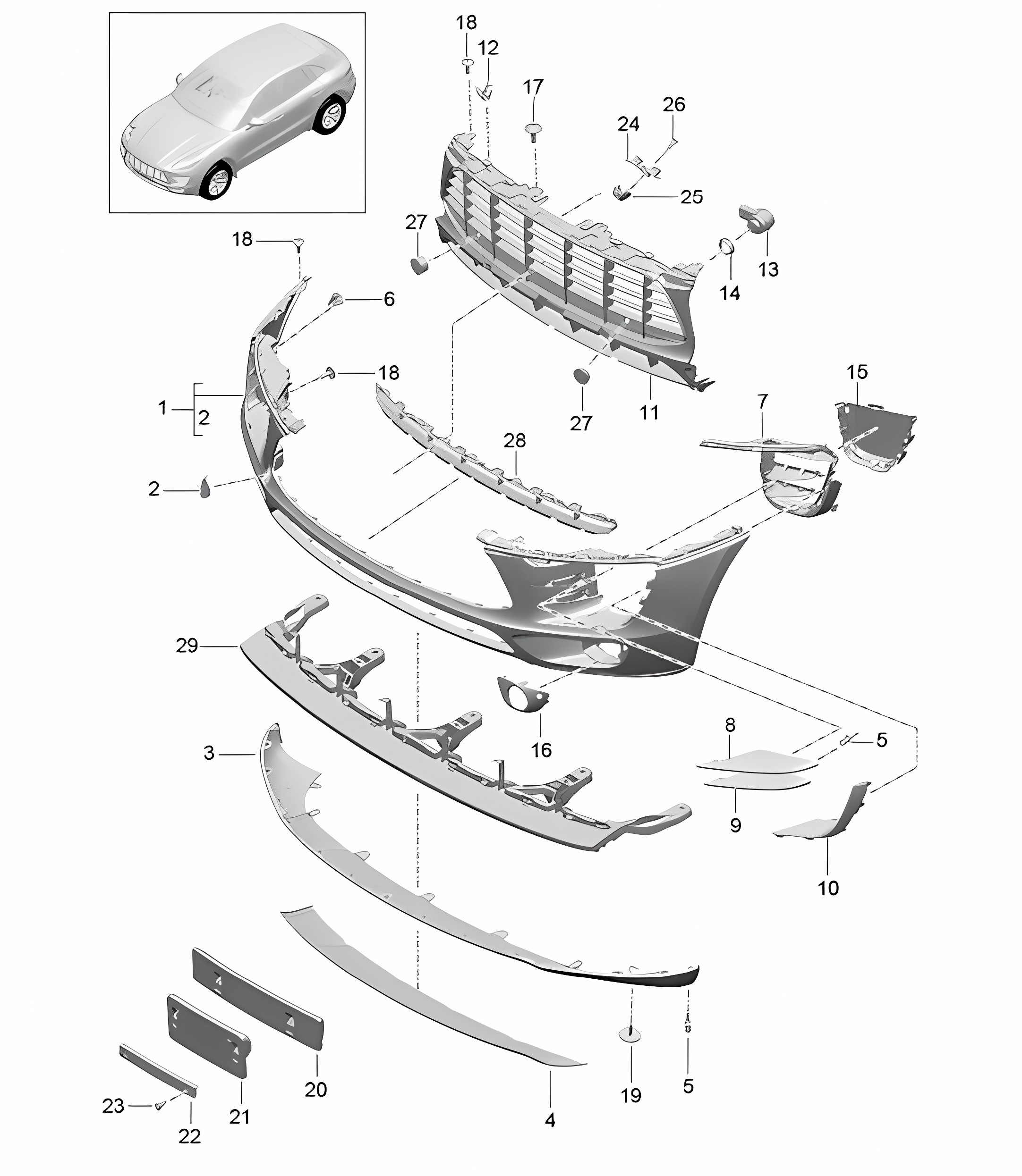 Front bumper - Basic (PR:DD7,DU0, D43,D1V,DM0, D51,D50,DQ5) - 95B.1 Macan 2.0L / 3.0L  / 3.0L Diesel 2014-18