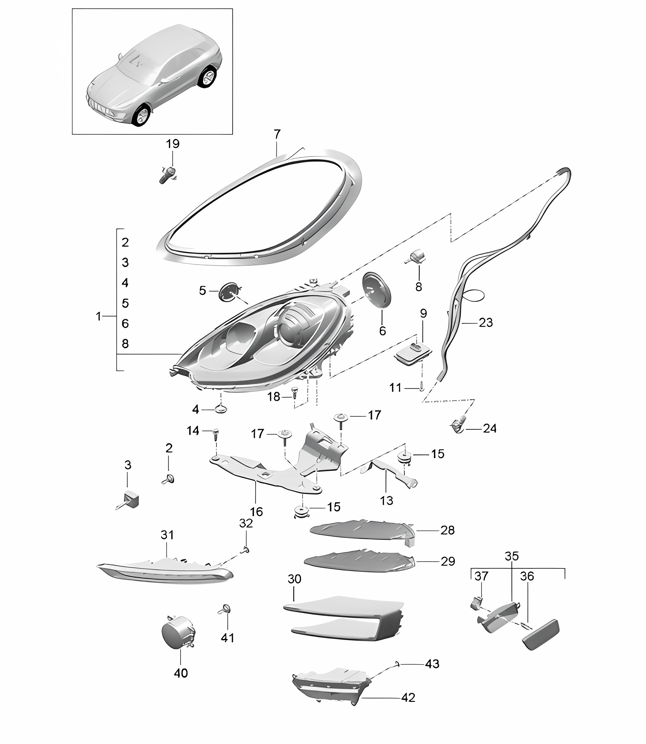 Headlights / Halogen bulb / Turn signal repeater / Fog lights (PR:8BB,8BF,8BR) 95B.1 Macan 2014-18