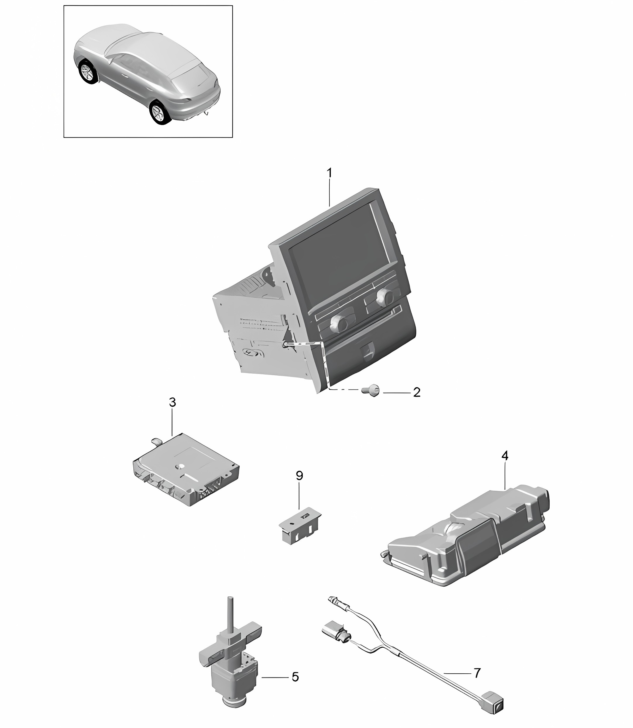 Control panel / Navigation system / Radio unit / Receiver unit for TV reception / microphone / Camera 95B.1 Macan 2014-18