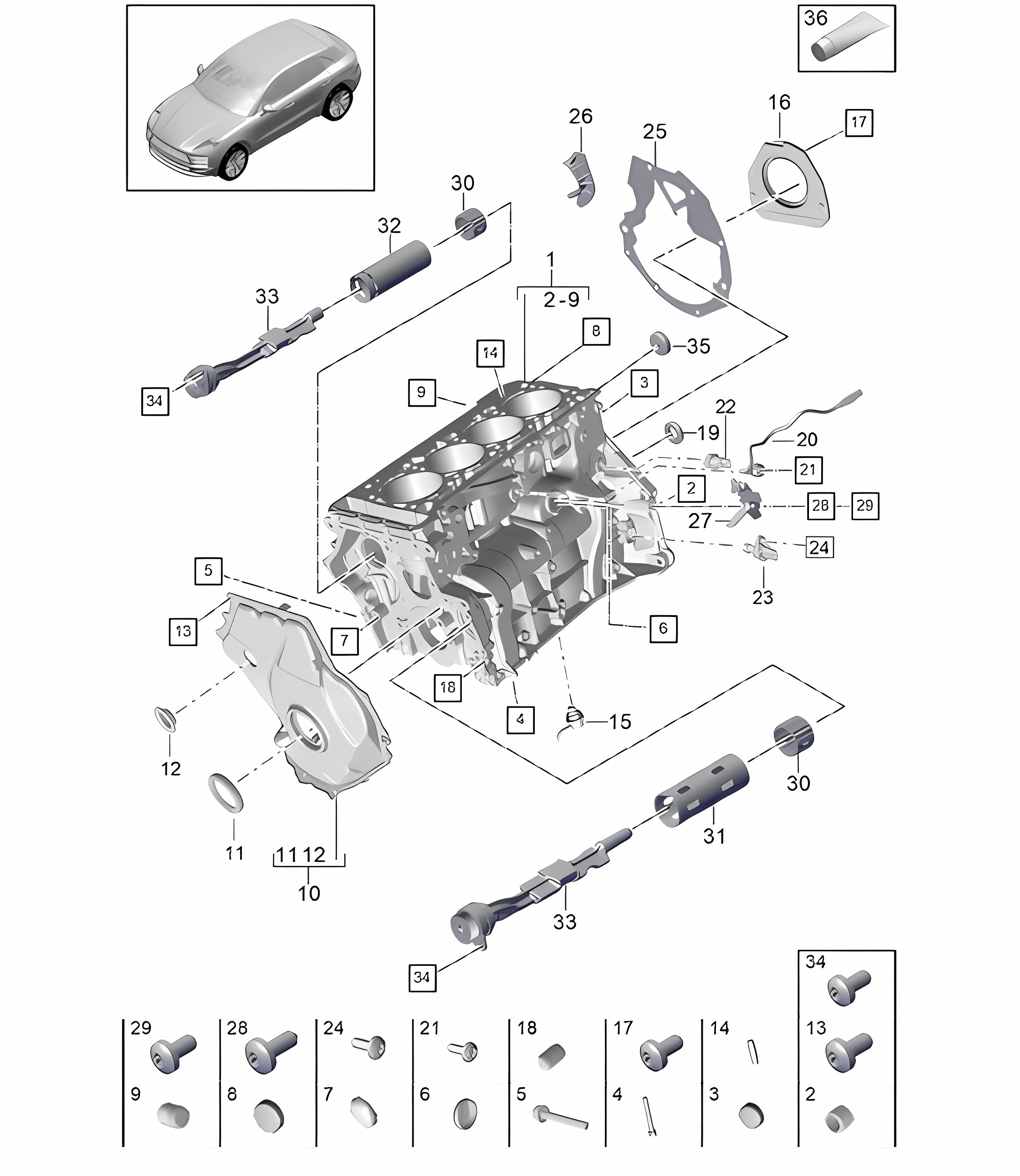 Crankcase housing / Individual parts - PR:T2B -  95B (II / III) Macan 2.0L 2019 - 2024