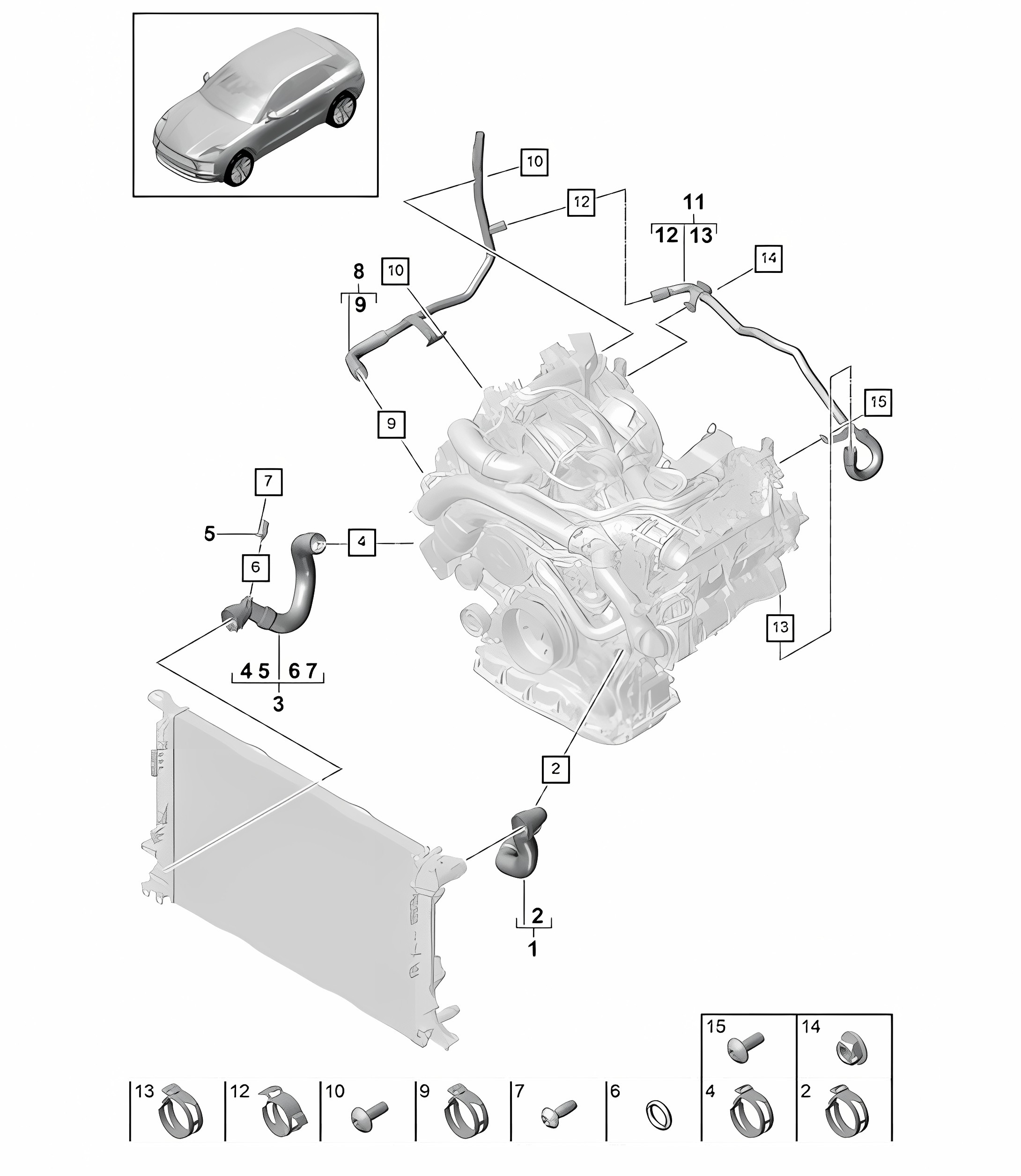 Coolant cooling system / Front end - Model: DLZ,DZLB - 95B (II / III) Macan 3.0L 2019 - 2024