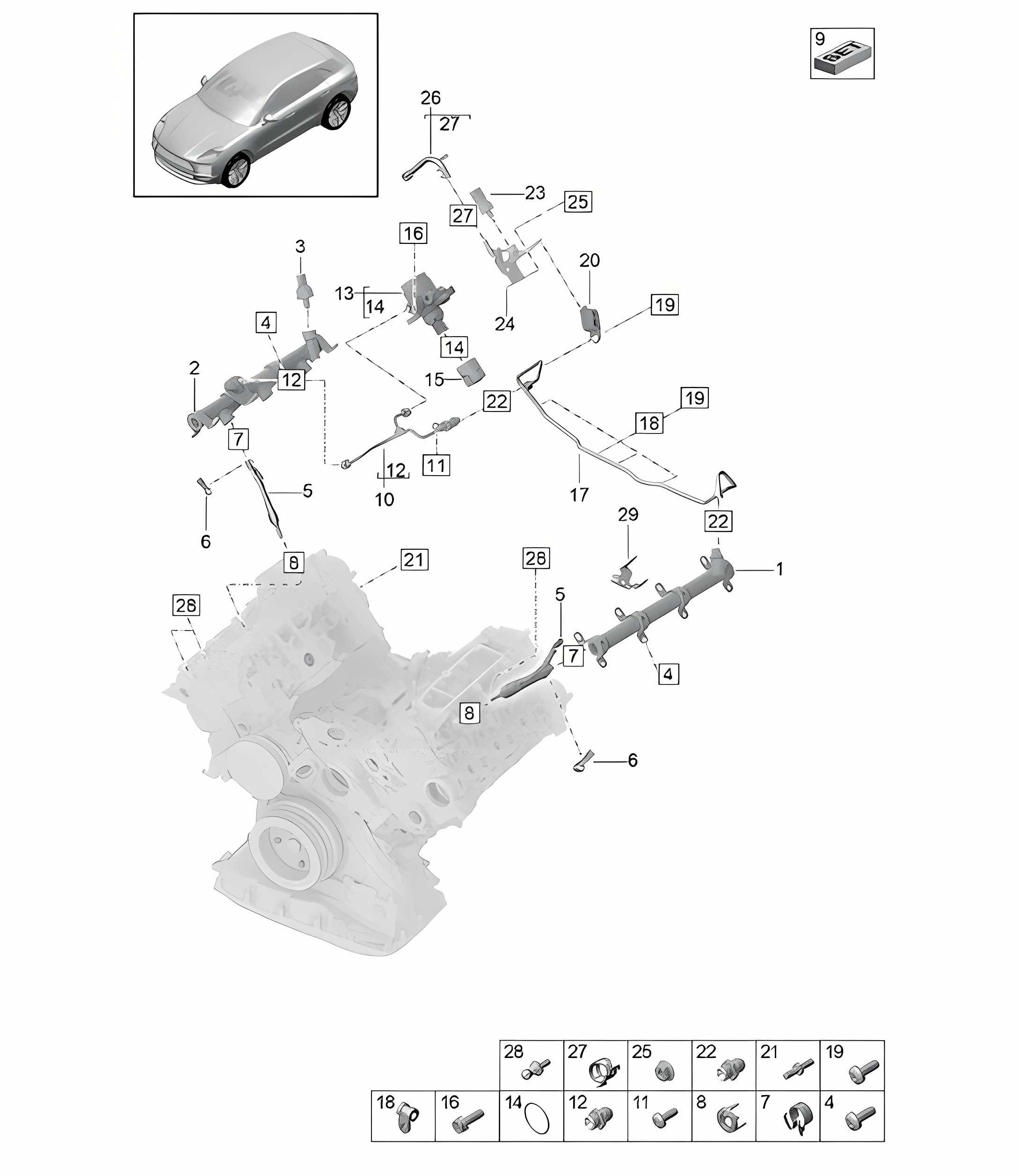 Fuel connection pipe / High-pressure injector / High-pressure pump - Model: DLZ,DLZB, DGR,DGRB, DGR,DGRC - 95B (II / III) Macan 2.9L / 3.0L 2019 - 2024