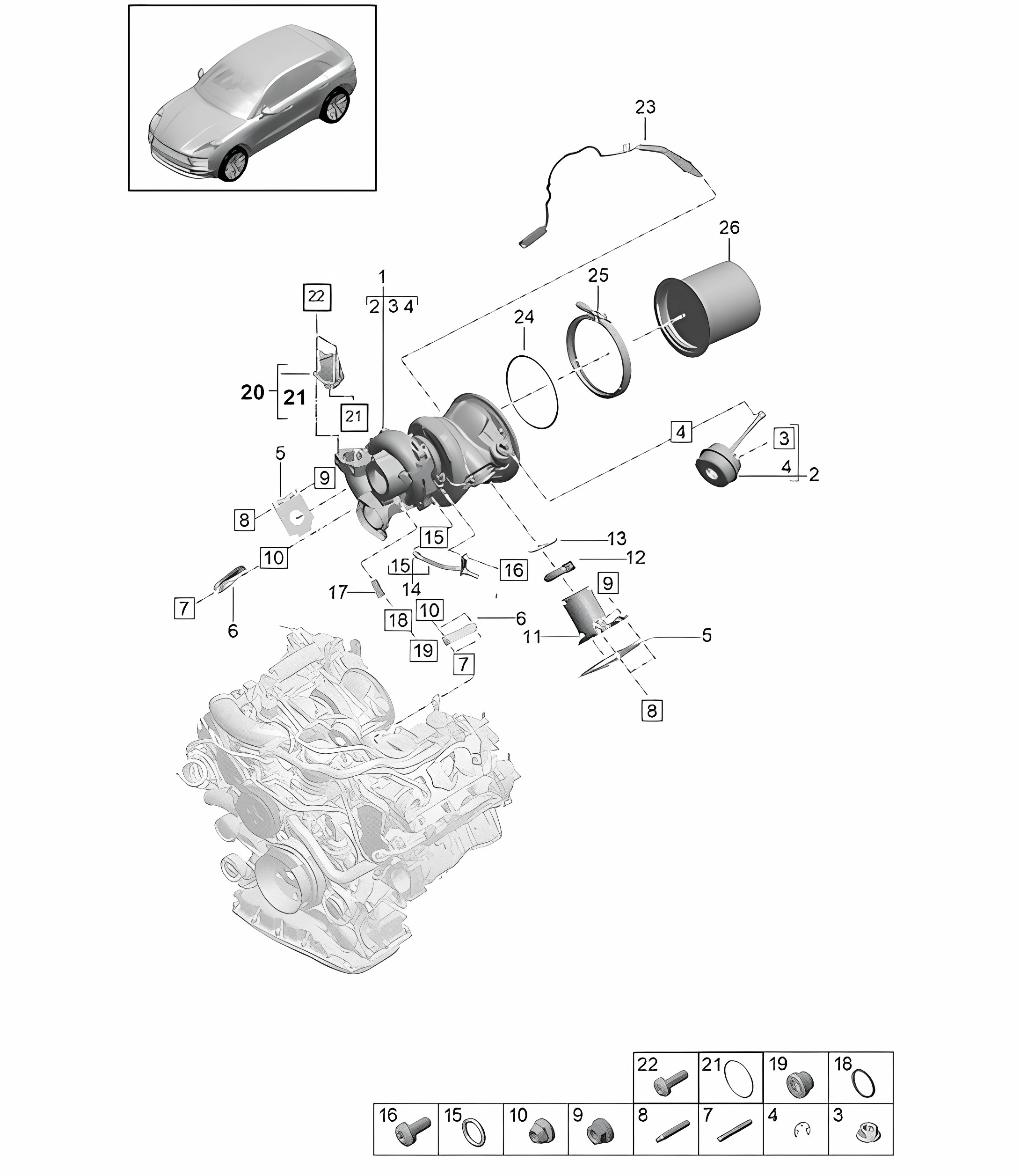 Exhaust gas turbocharger / Exhaust manifolds / Lambda probe - PR:DC5 - 95B (II / III) Macan 3.0L 2019 - 2024