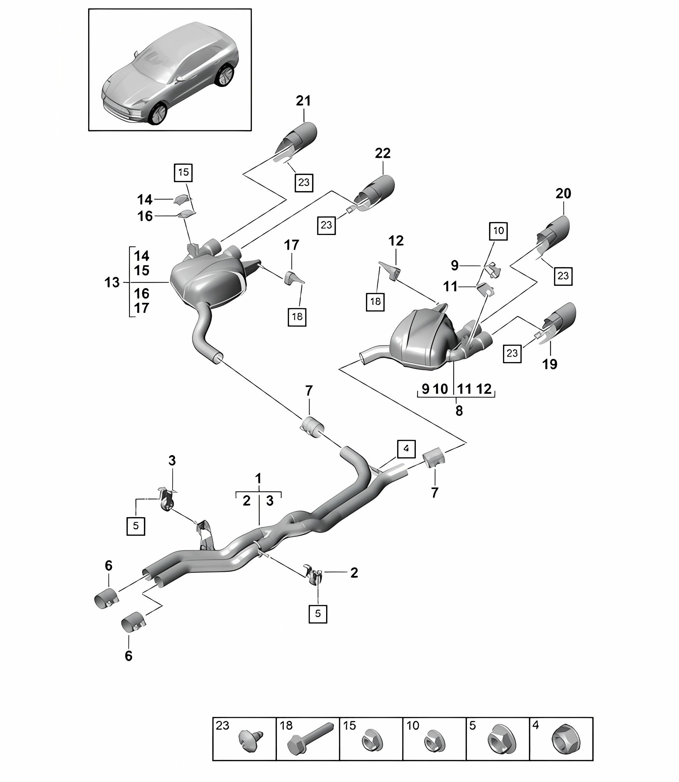Exhaust system / Front silencer / Rear silencer - PR:T9I, 0P8, 0P9 -  95B (II / III) Macan 3.0L 2019 - 2024