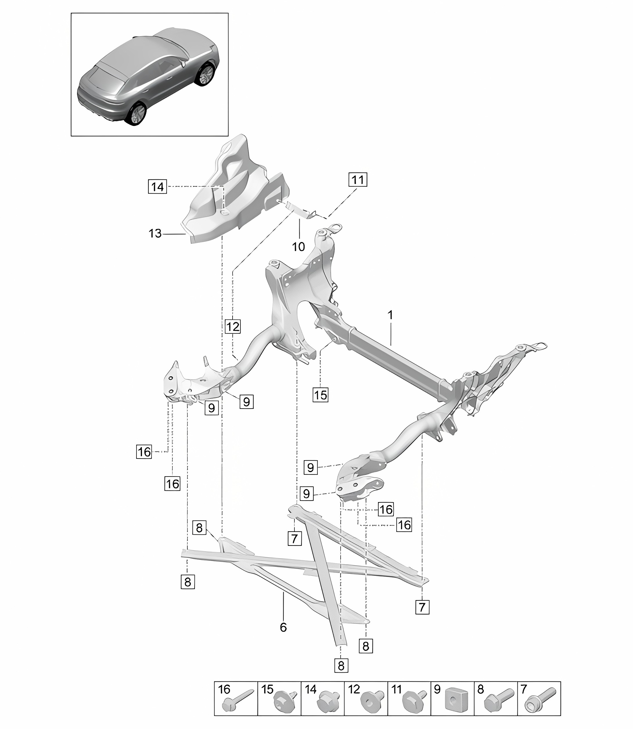 Support frame / Cross member / Guard plate - PR:L0L, L0R -  95B (II / III) Macan  2019 - 2024