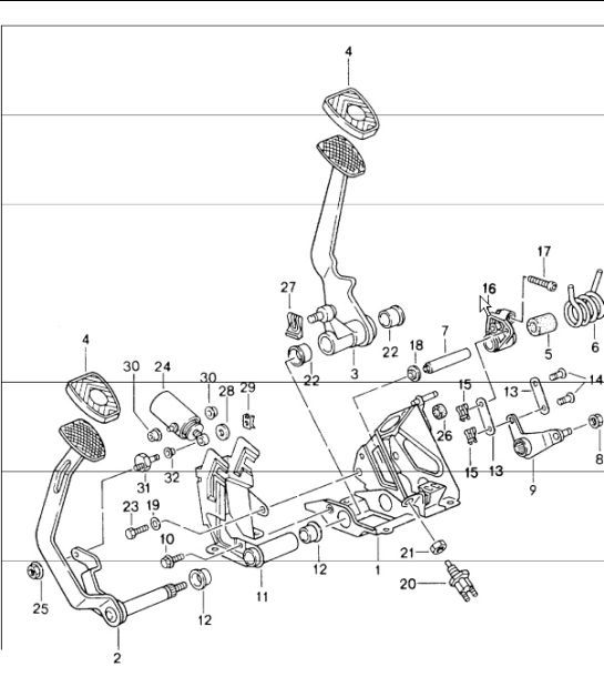 Diagram 702-02 Porsche 911 & 912 (1965-1989) Hendelsysteem, pedaalcluster 