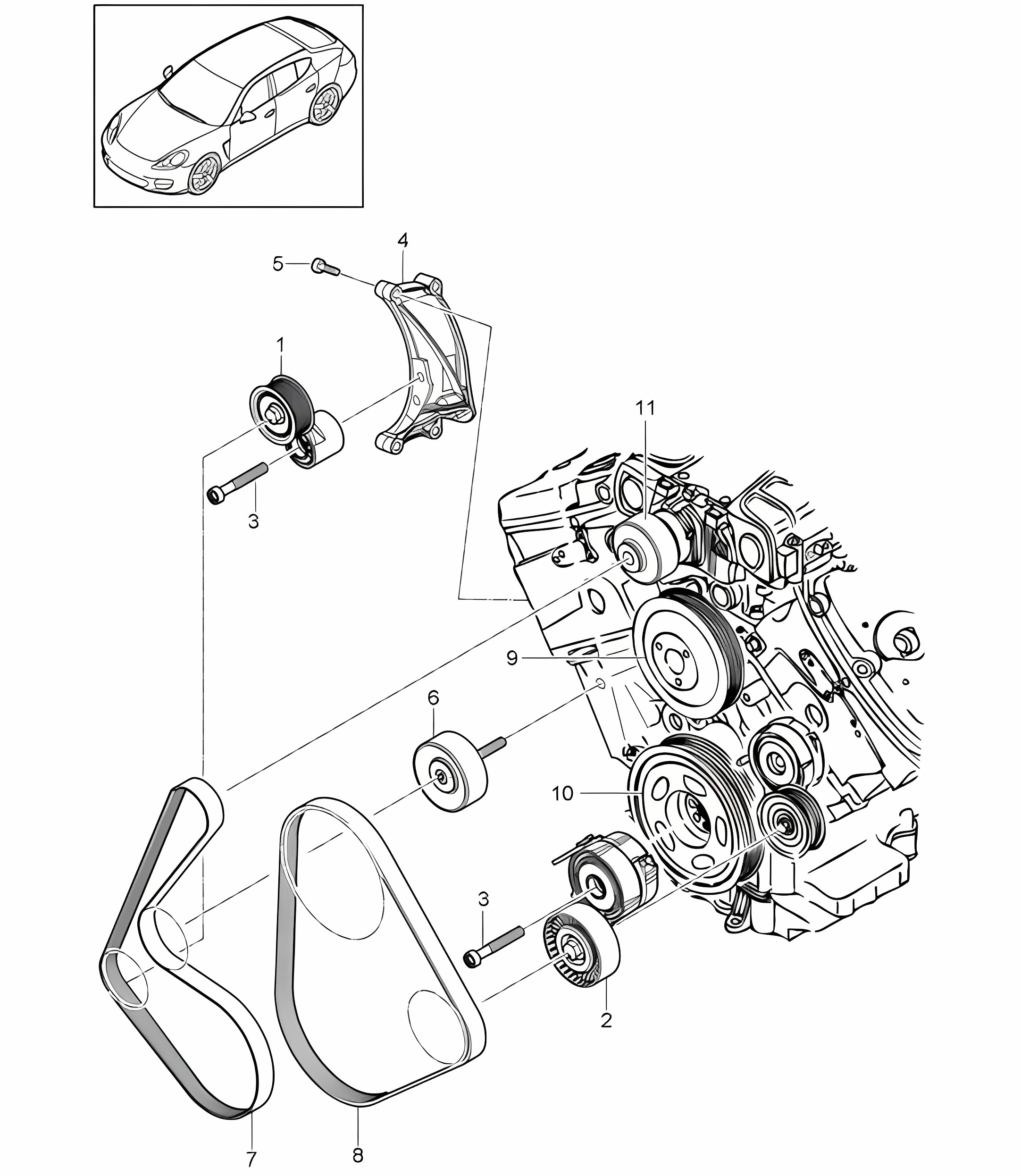 Belt tensioner / Belt drive (Model: CGEA,CGE, CGFA) Panamera 970 (G1) 3.0L HYBRID 2012-16