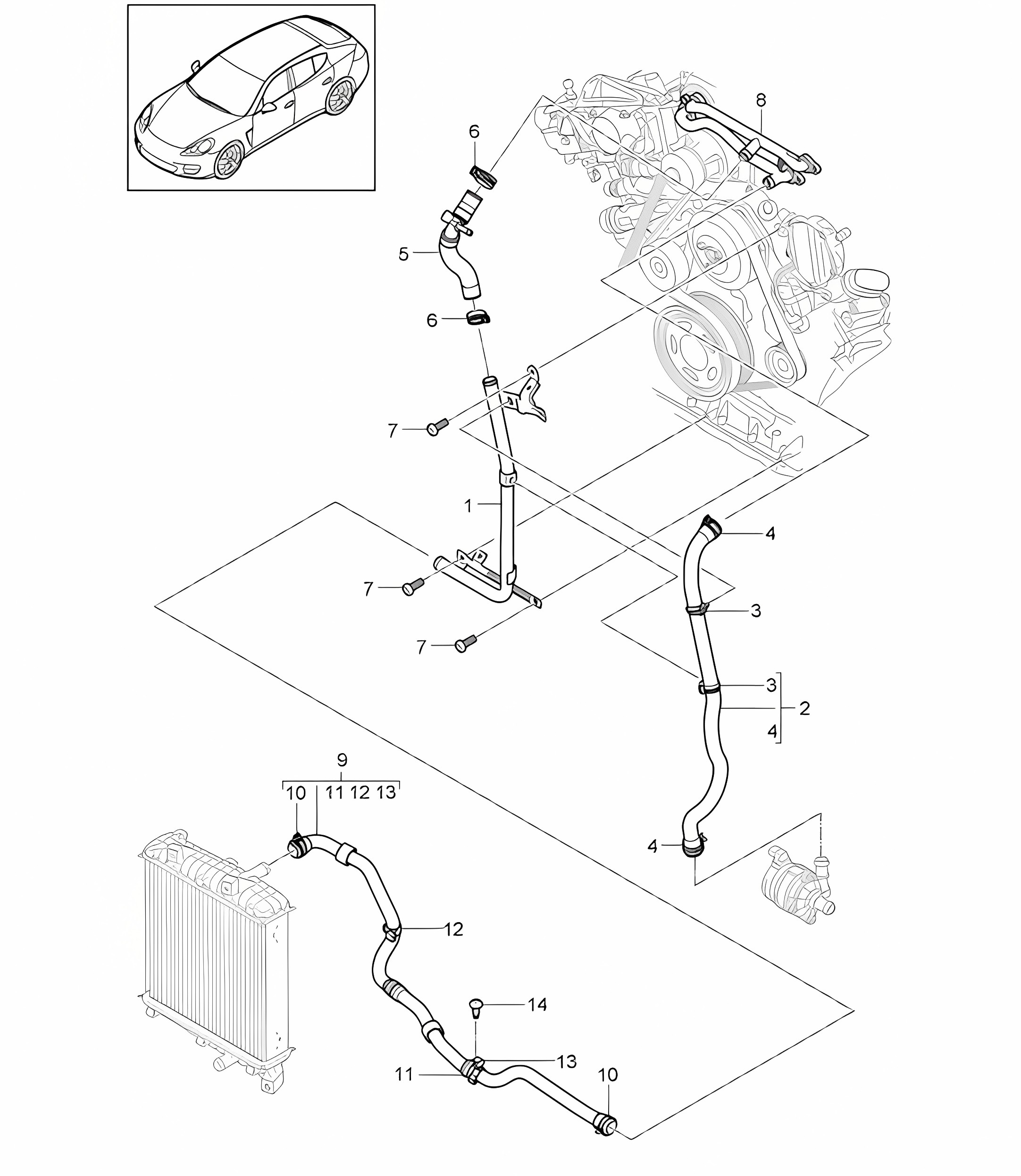 Coolant cooling system (Model: CGEA,CGE, CGFA) Panamera 970 (G1) 3.0L HYBRID 2012-16