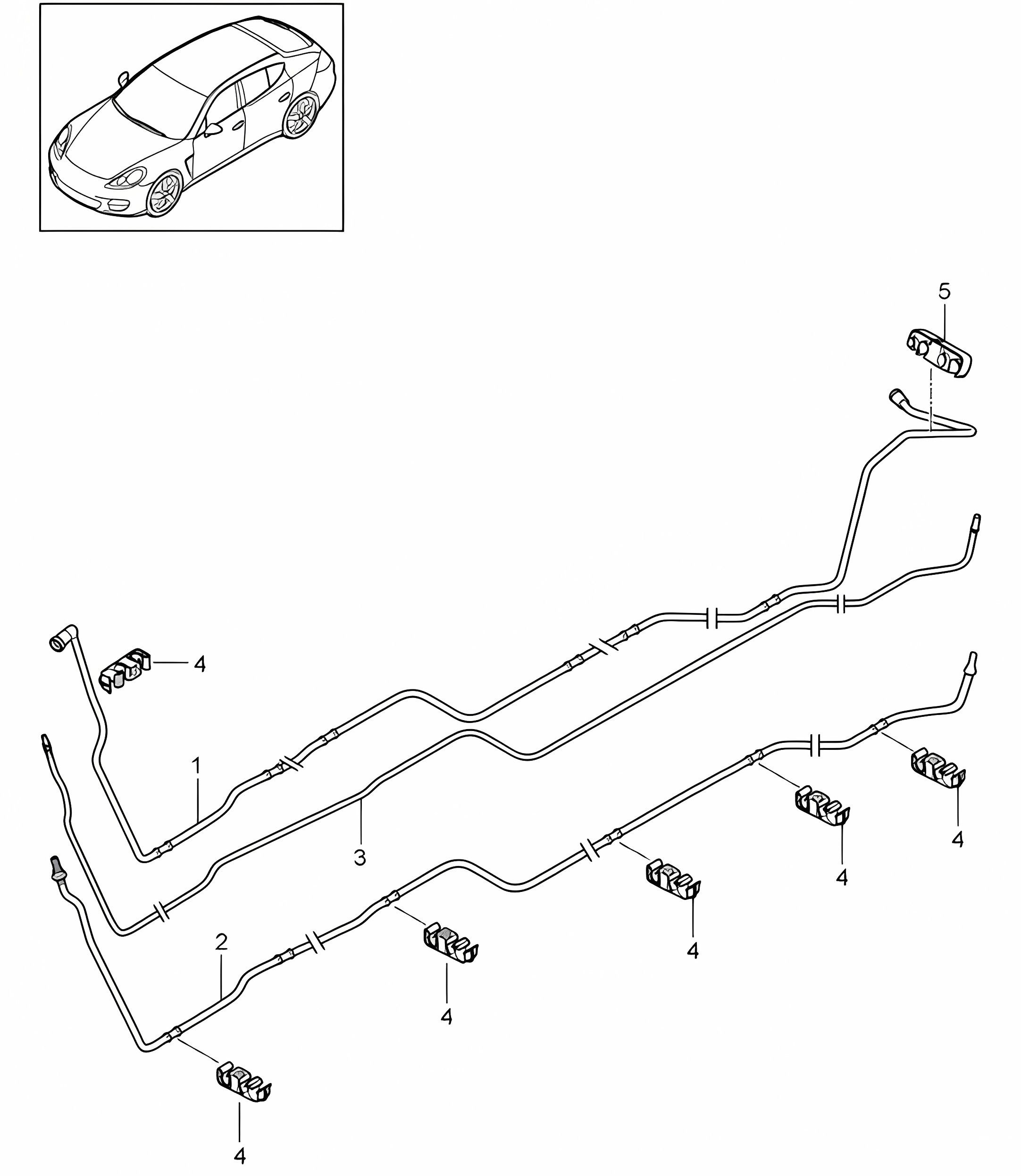 Fuel system / Fuel line / Underbody (Model: 4620,4640, 4820,4840, 4870,CGEA, CGE,CGFA, CWAA,CXNA, CWDA,CWD, CWFA,CWF, CXPA,CXRA, CXR,CWBA, CWB,CWCA,CWC) Panamera 970 (G1) 2010-16