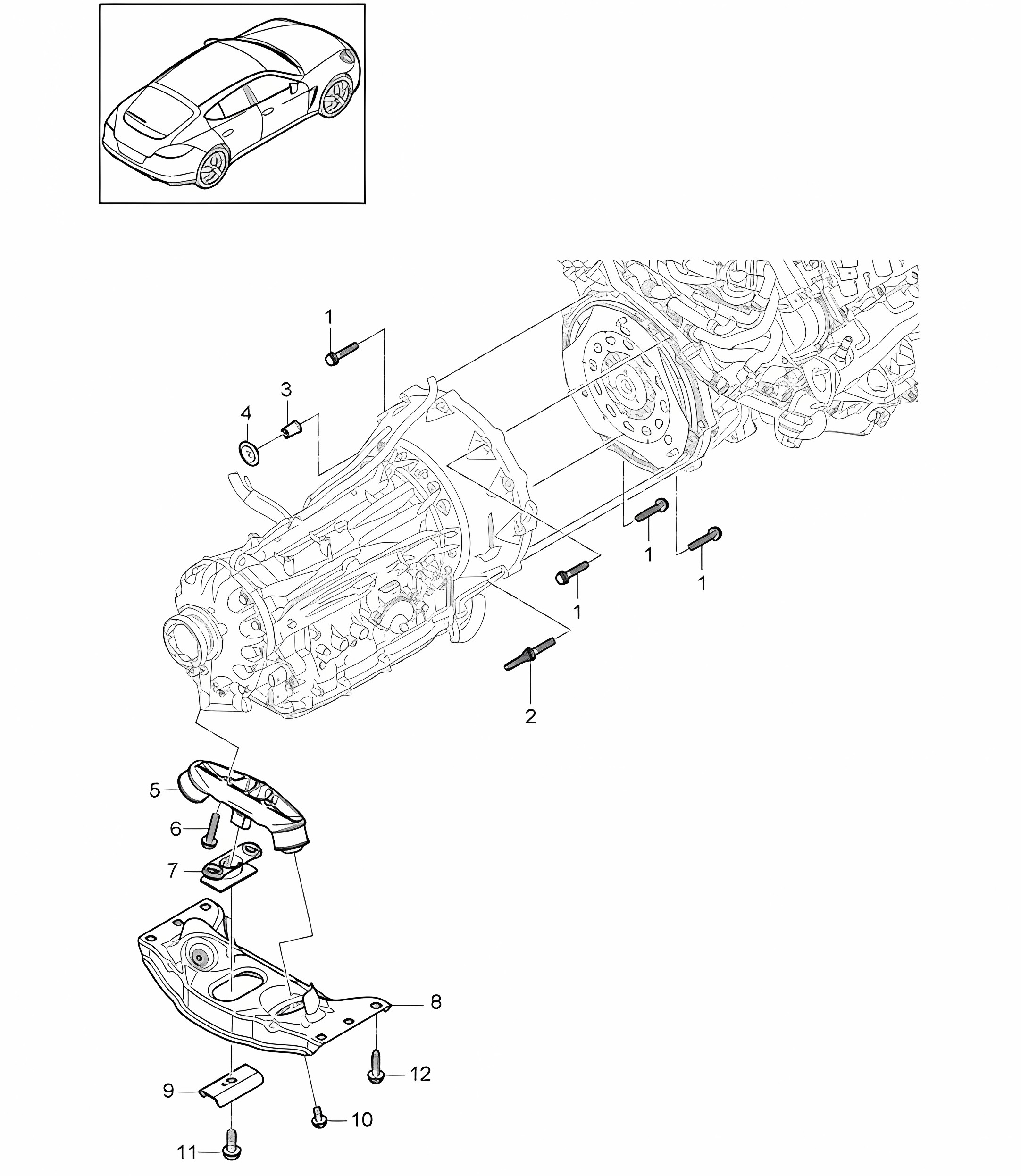 Mounting parts for engine and transmission / Transmission carrier (Model: A7000) Panamera 970 (G1) 3.0L HYBRID 2012-16