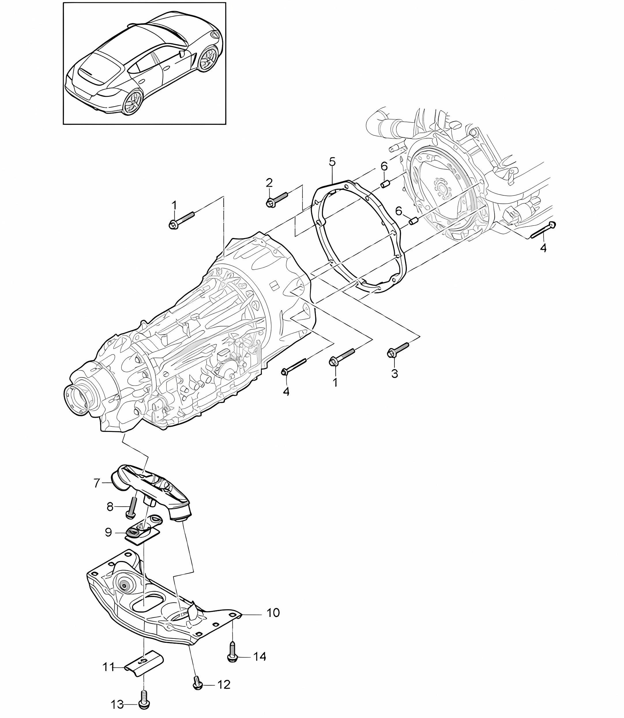 Mounting parts for engine and transmission / Transmission carrier (Model: A7010,A7011) Panamera 970 (G1) 3.0L DIESEL 2012-16