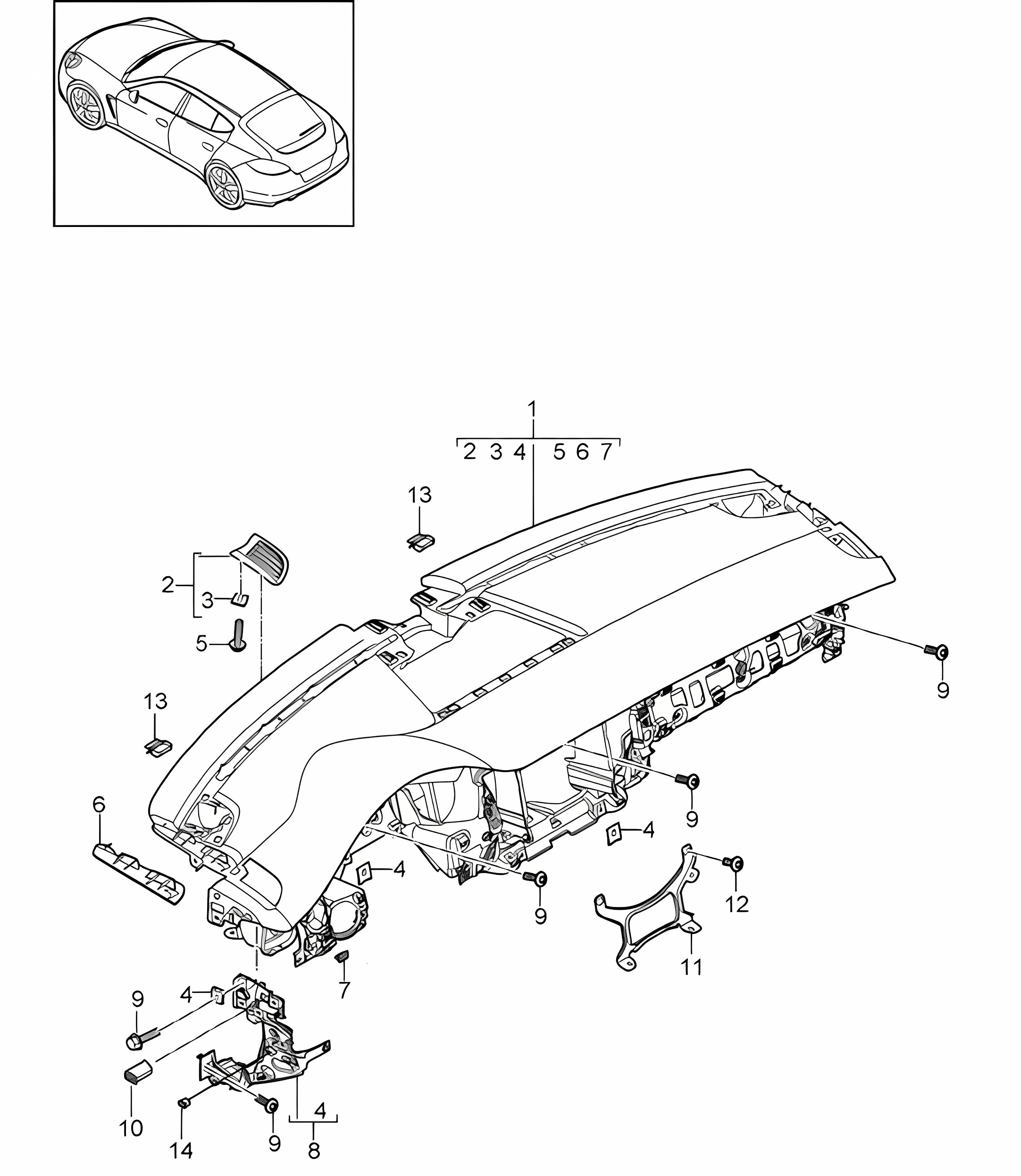 Dashboard / Upper part / with: Fasteners  Panamera 970 (G1) 2010-16