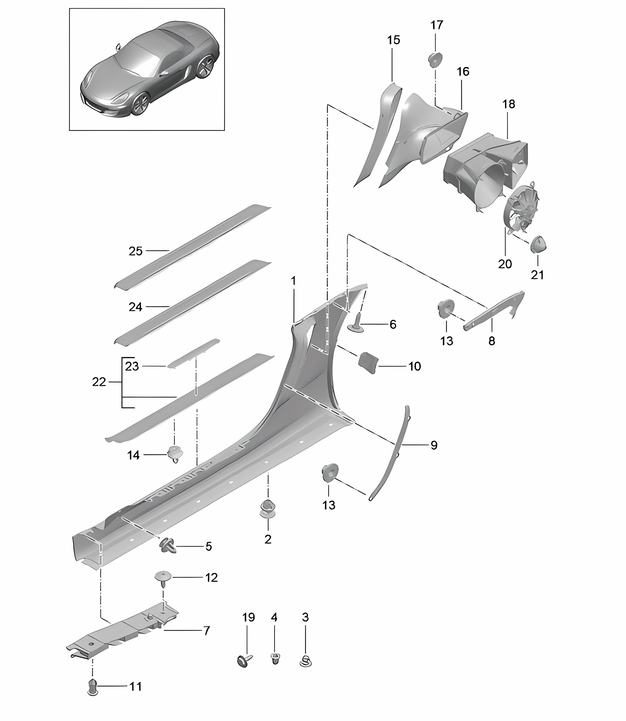 Side member trim and Ventilation / Engine compartment 981 Boxster / Boxster S 2012-16