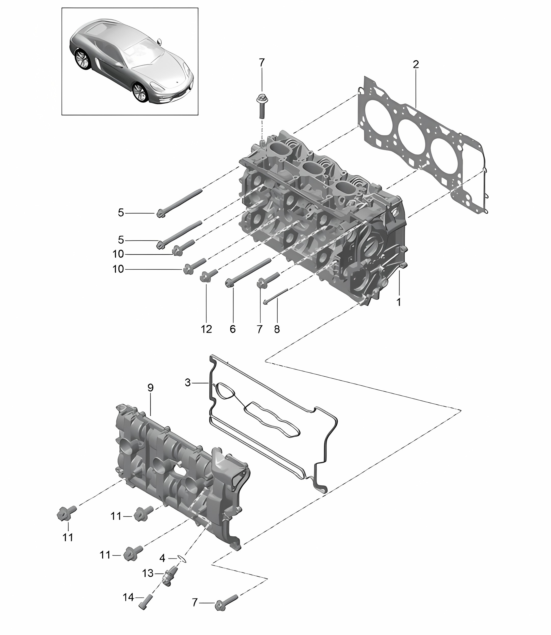 Cylinder head with: Valves, Cylinder head gasket, Valve cover 981C Cayman / Cayman S 2014-16