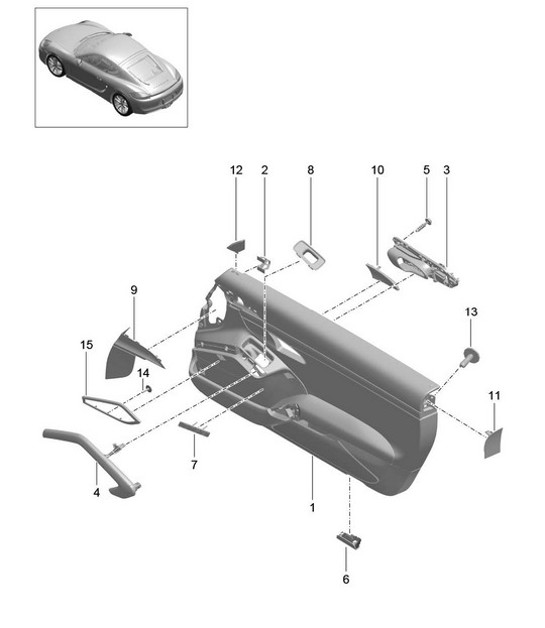 Türverkleidung / Leder / Alcantara / Zierelemente / Galvanosilber (PR:981,975, 812) 981 Cayman / Cayman S 2014-16
