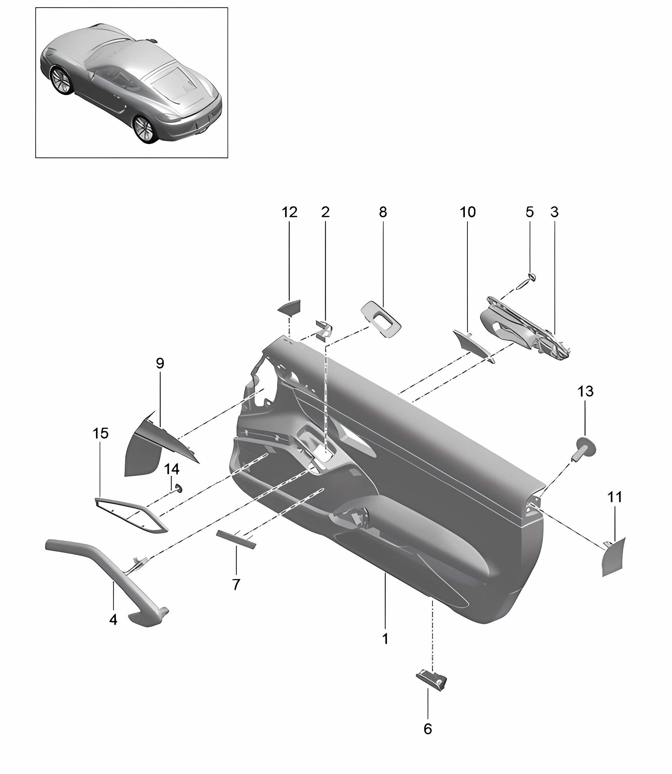 Door panel / Leather / Alcantara / Trim / Aluminium, brushed (PR:981,975, XWD)  981C Cayman / Cayman S 2014-16