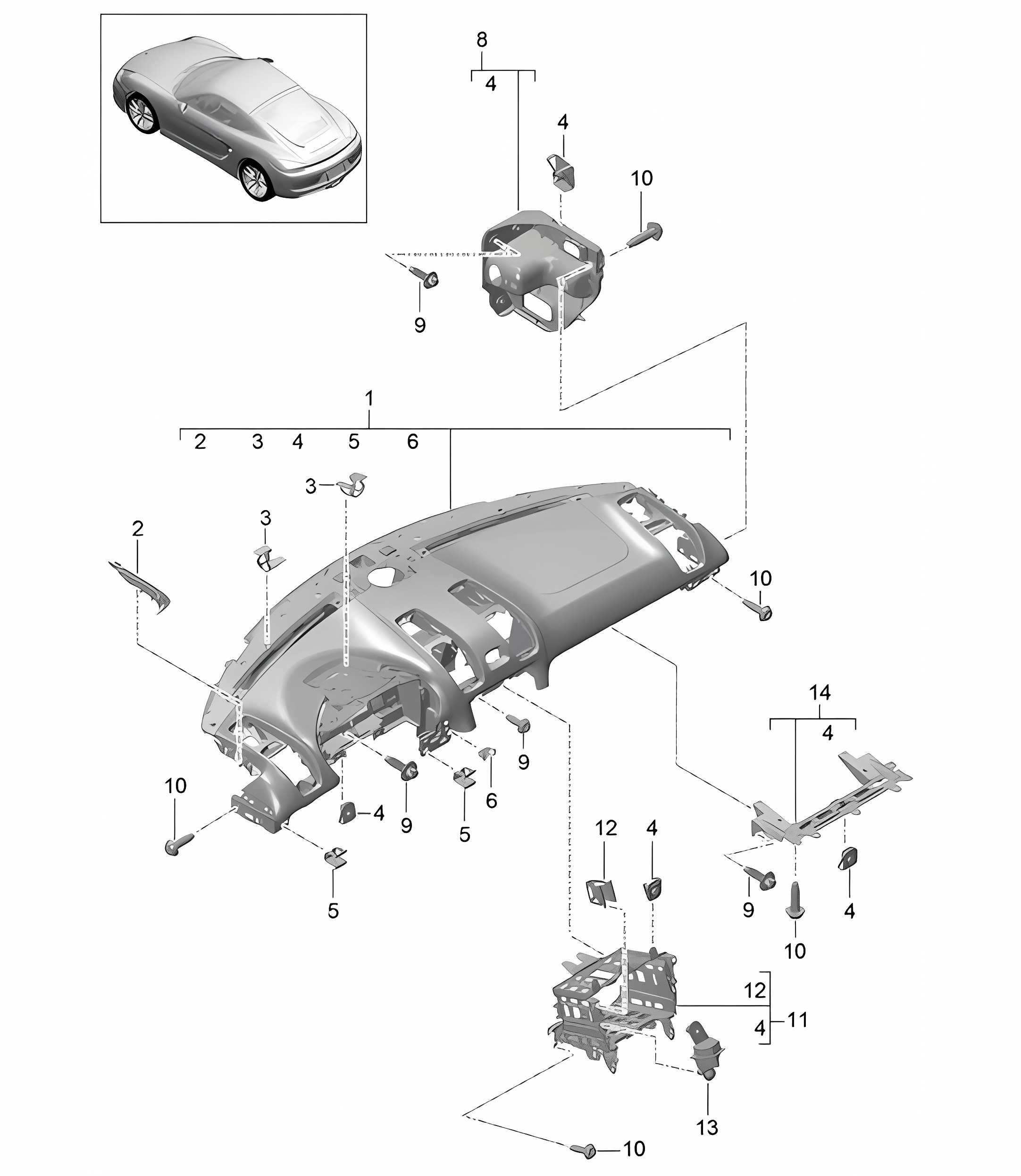Instrument panel trim / Upper part / with: Fasteners 981C Cayman / Cayman S 2014-16