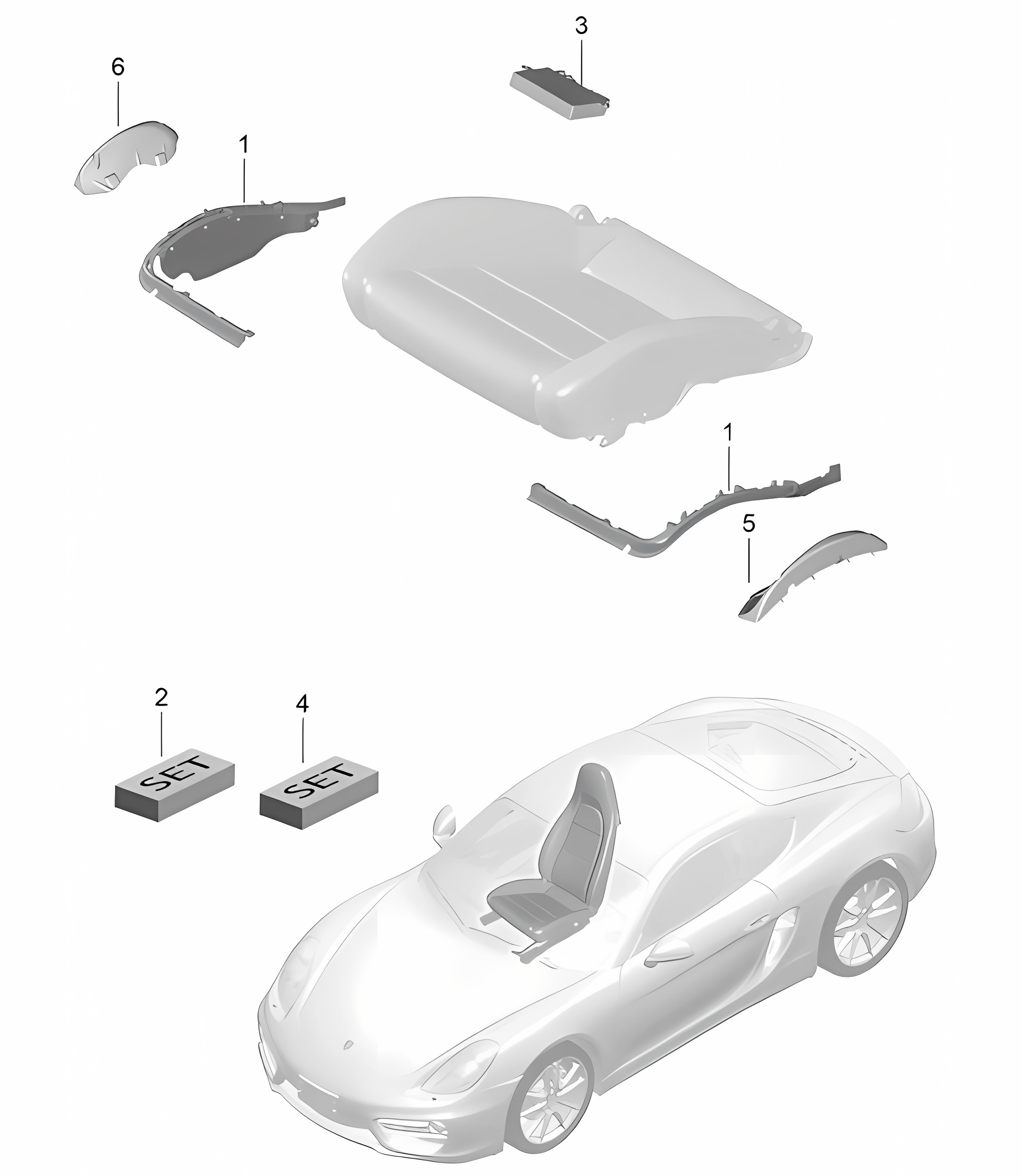 Cushion carrier / Frame / Seat surface / sports seat / repair set / seat occupied recognition / Control unit / Memory / Seat  981C Cayman / Cayman S 2014-16
