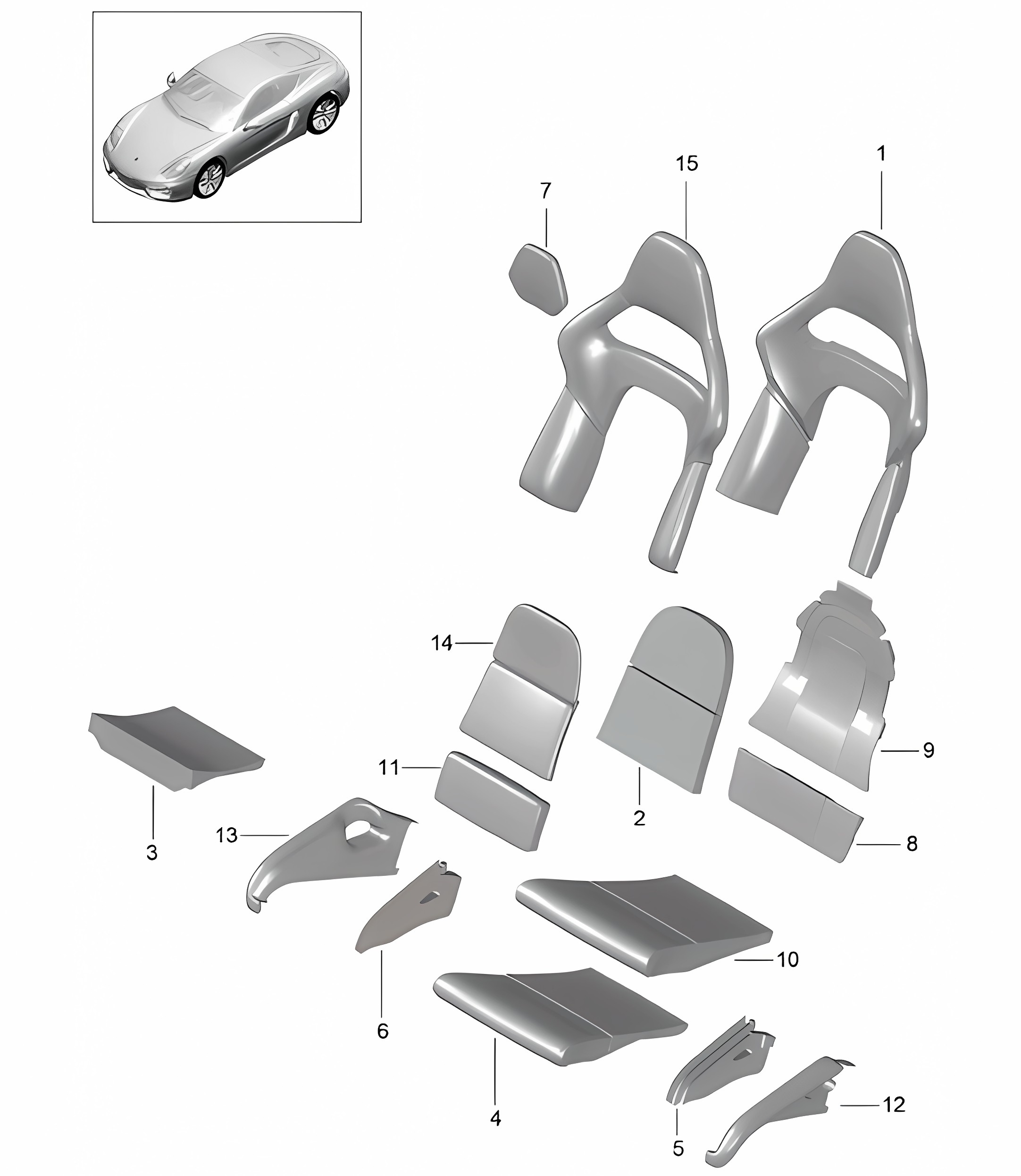 Foam part / Cover / Seat and backrest surface / bucket seat / Collapsible  981C Cayman / Cayman S 2014-16